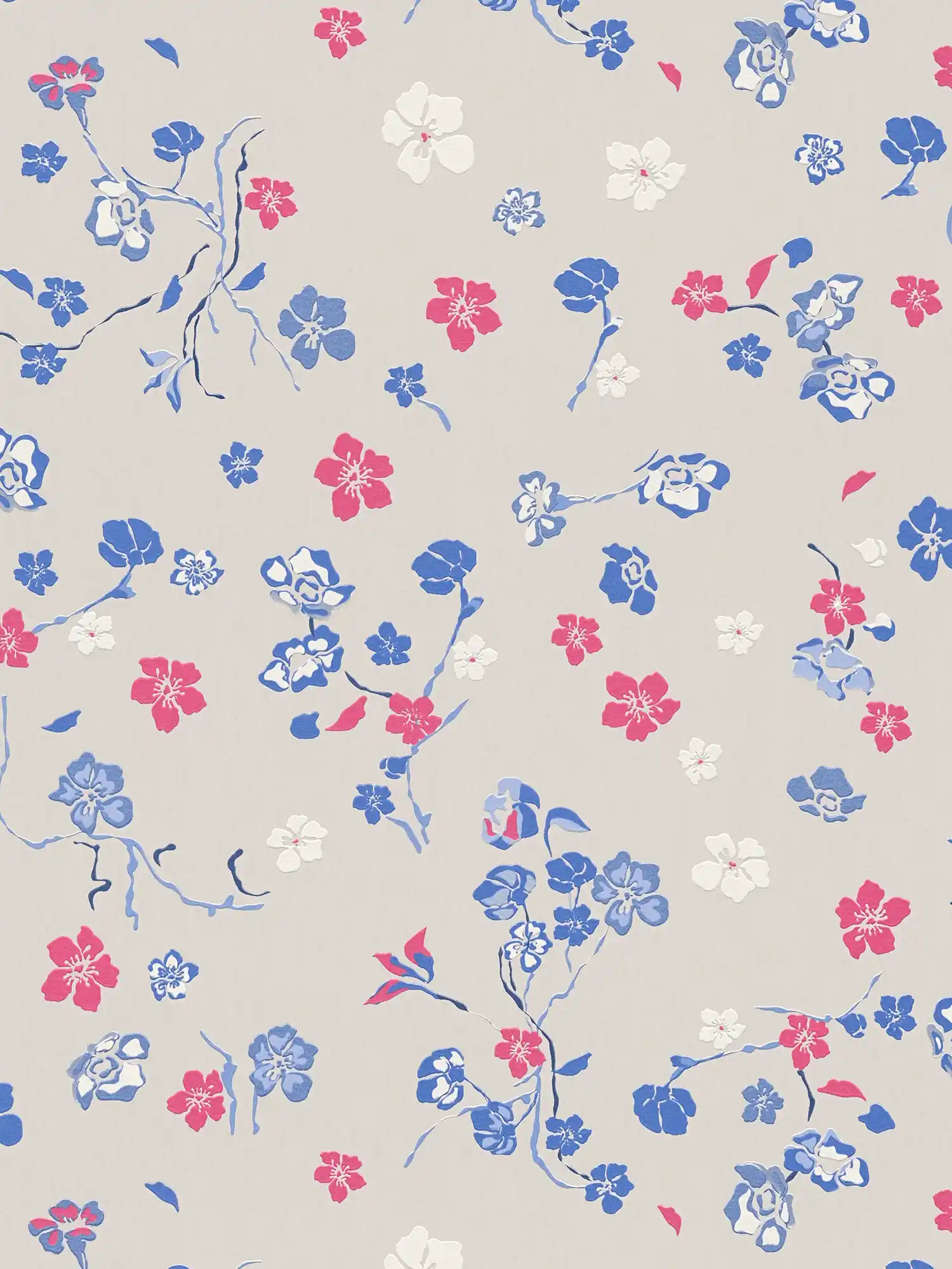 Non-woven wallpaper with playful floral pattern - light grey, blue, pink
