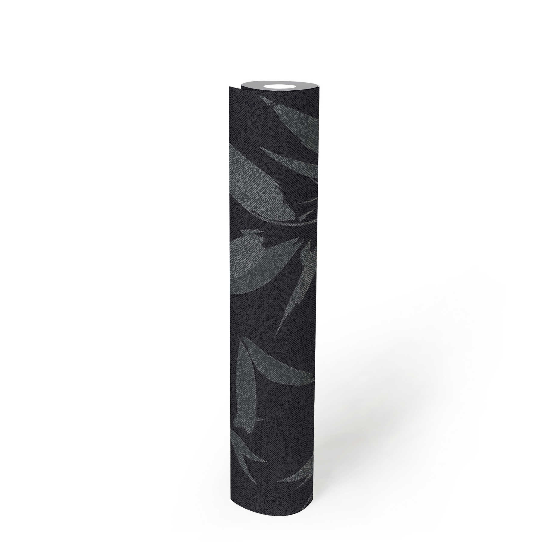             Papel pintado abstracto de hojas con óptica textil - negro, gris
        