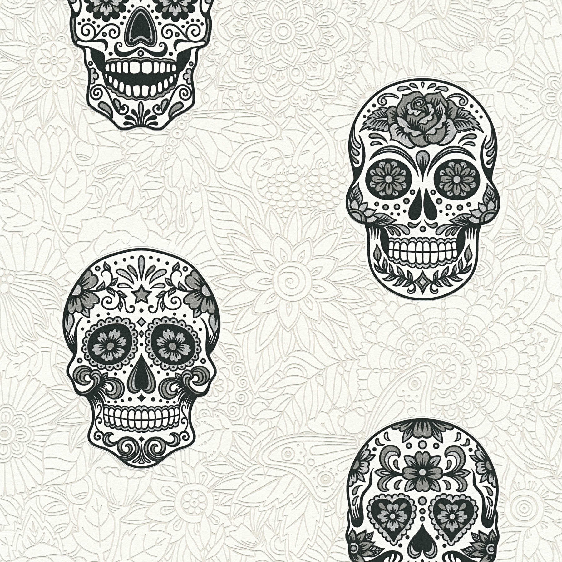 Papier peint tête de mort avec fleurs, décor Dia De Muertos - noir, blanc
