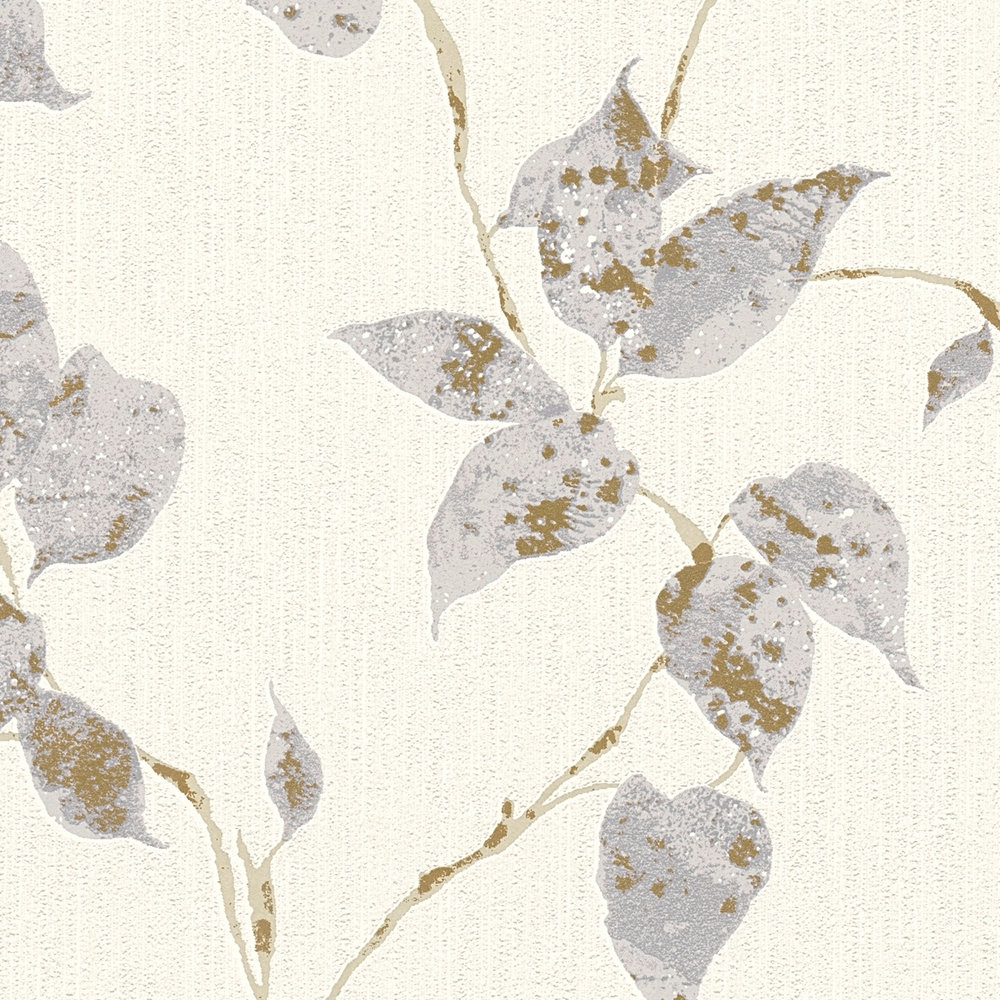             Papel pintado texturizado con zarcillos de hojas y acento metálico - Gris, Blanco
        