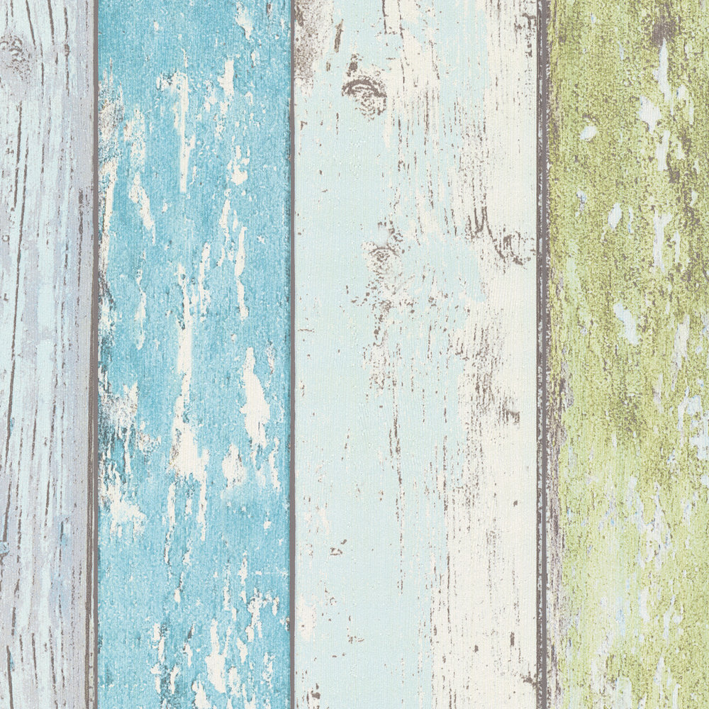             Wood wallpaper with used look for vintage & country style - blue, green, white
        