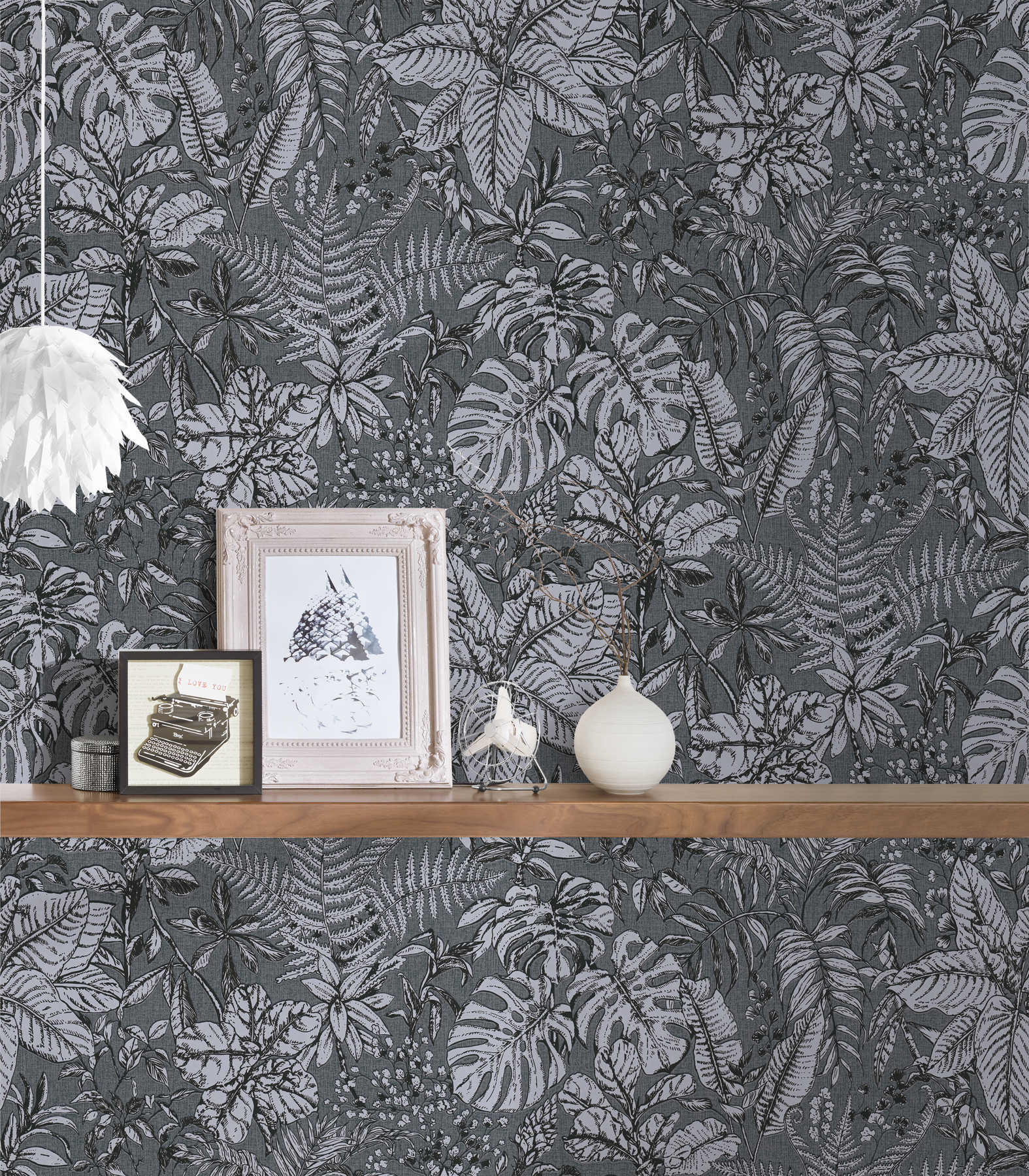             Wallpaper jungle pattern, monstera leaves & ferns - grey, white
        