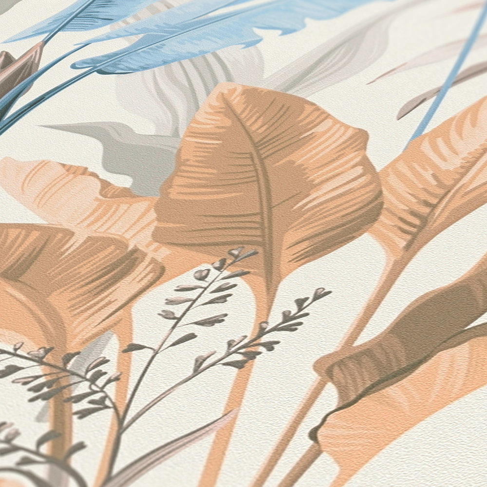             Papier peint intissé floral détaillé avec motif de feuilles - bleu, gris, crème
        