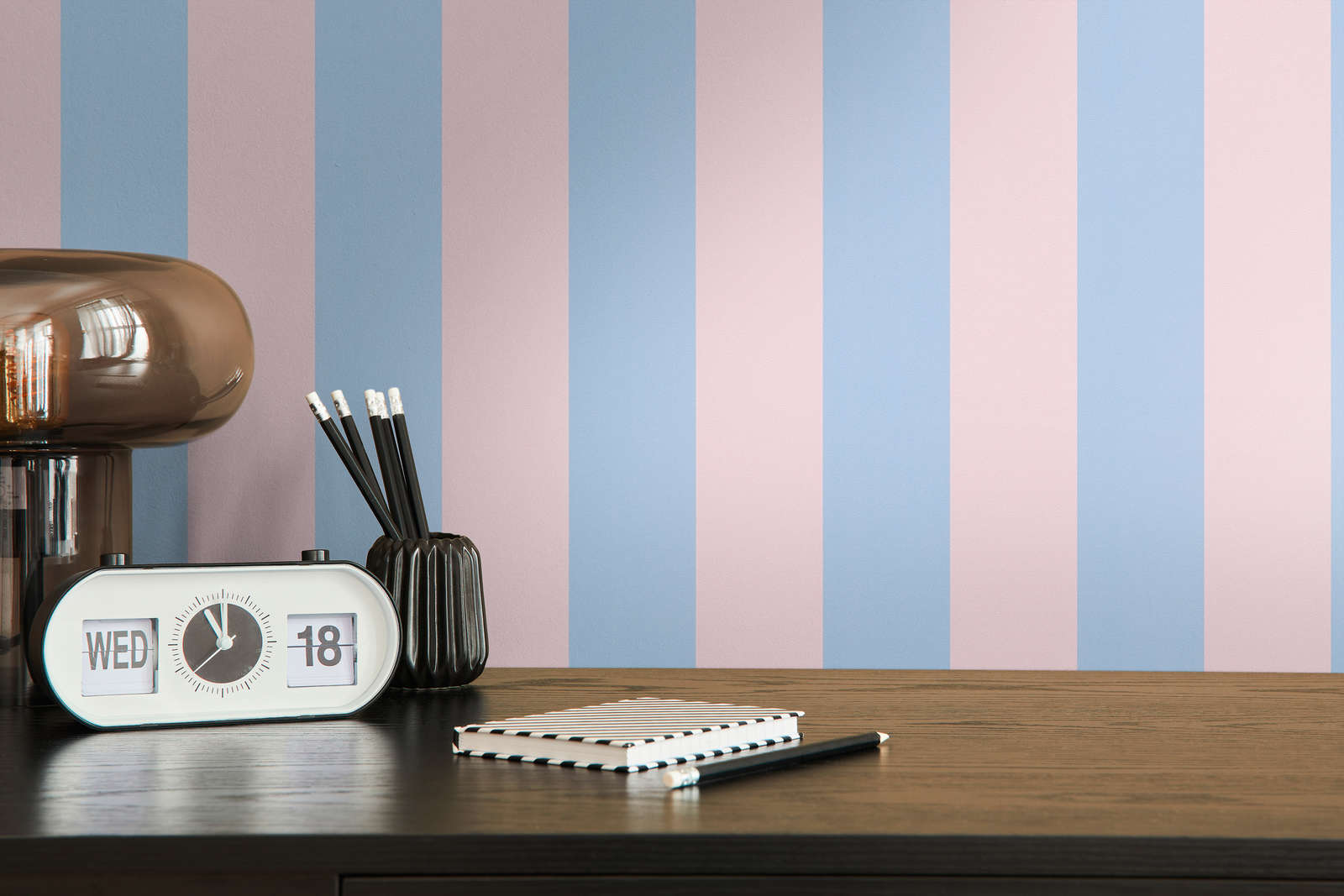             Striped wallpaper with light structure - blue, pink
        
