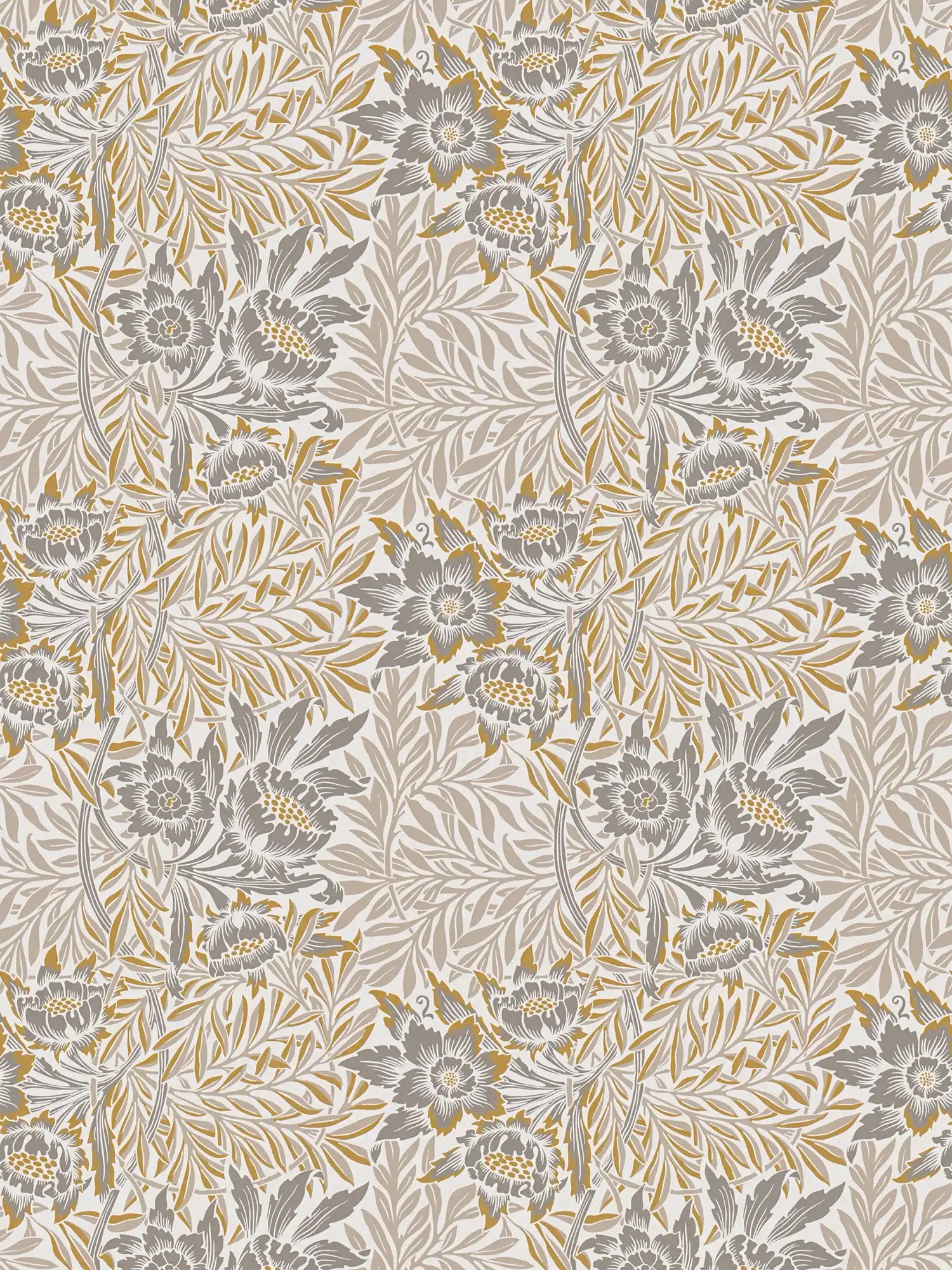 Non-woven wallpaper with various flowers and leaf tendrils - gold, beige, silver
