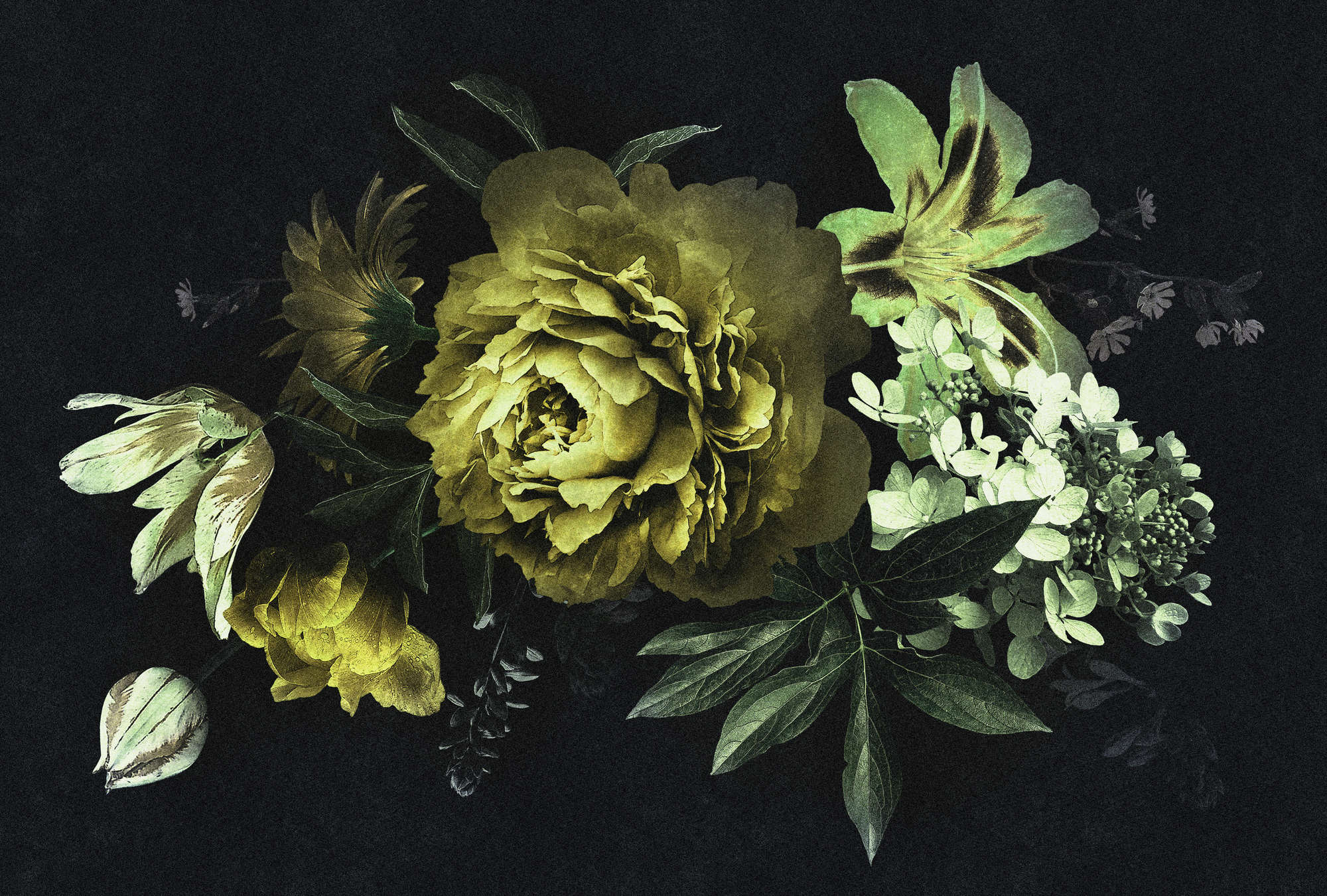             Drama queen 2 - Bouquet of Flowers Wallpaper in Cardboard Texture in Green - Yellow, Black | Matt Smooth Non-woven
        