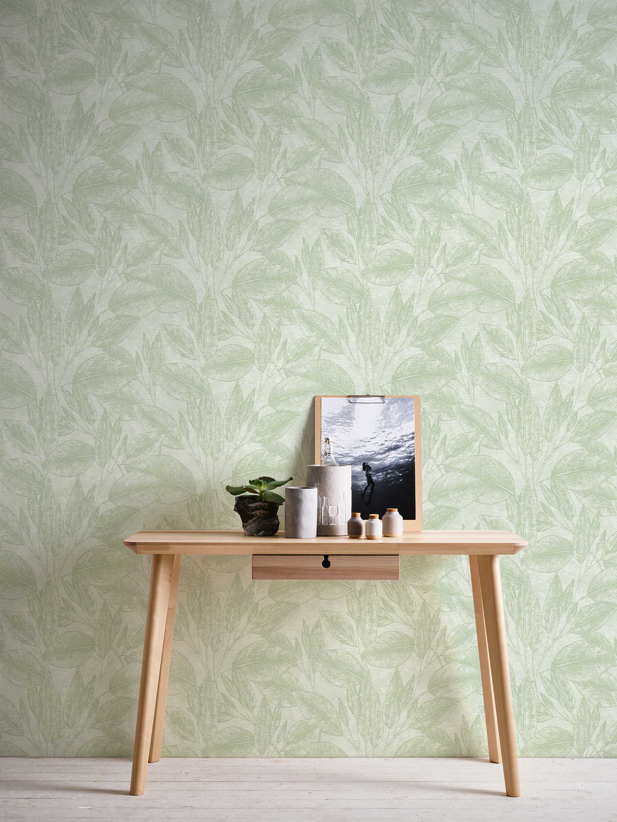            Papier peint intissé naturel avec feuilles & motifs structurés - vert
        