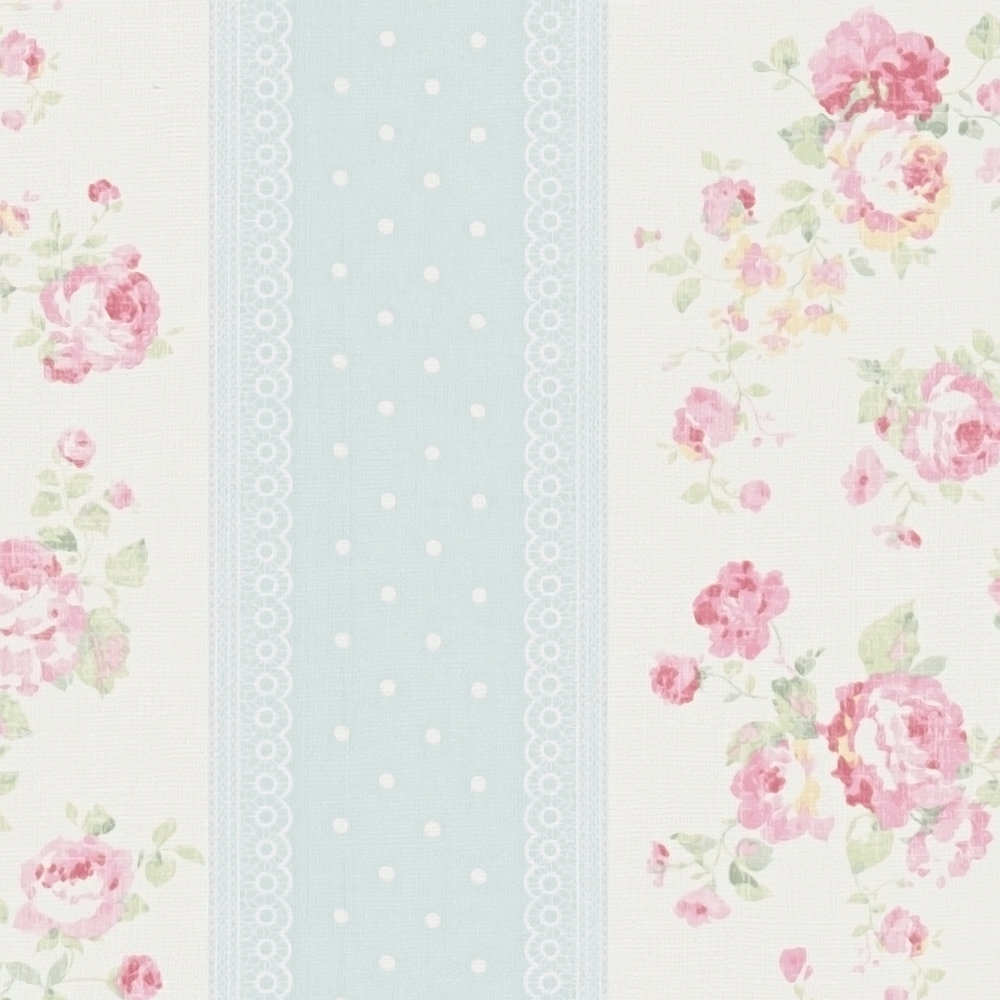             Vliesbehang met strepen, bloemen en stippen - blauw, wit, roze
        