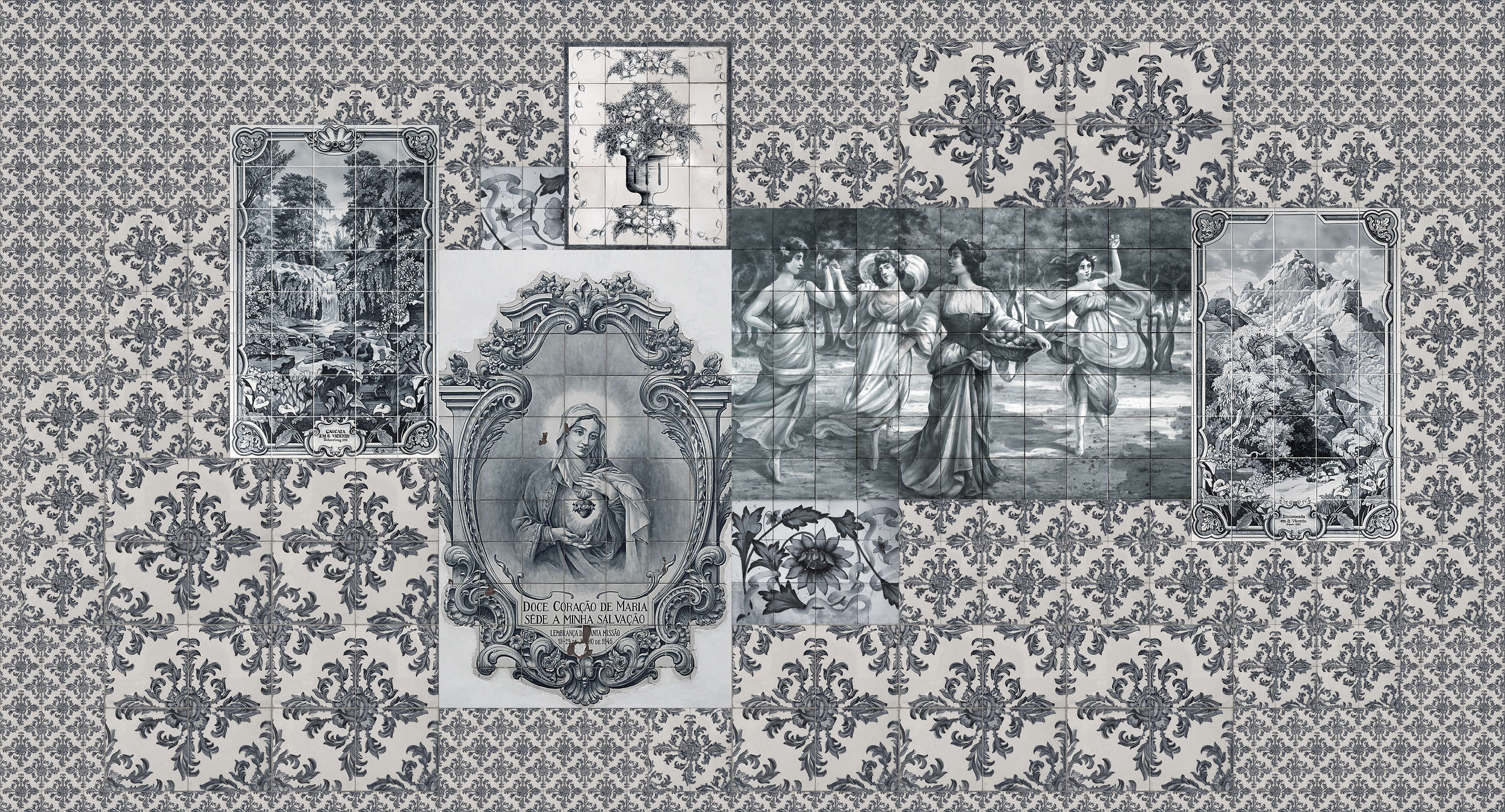             Azulejos 3 - Tile Collage Retro Style Wallpaper - Beige, Black | Premium Smooth Non-woven
        