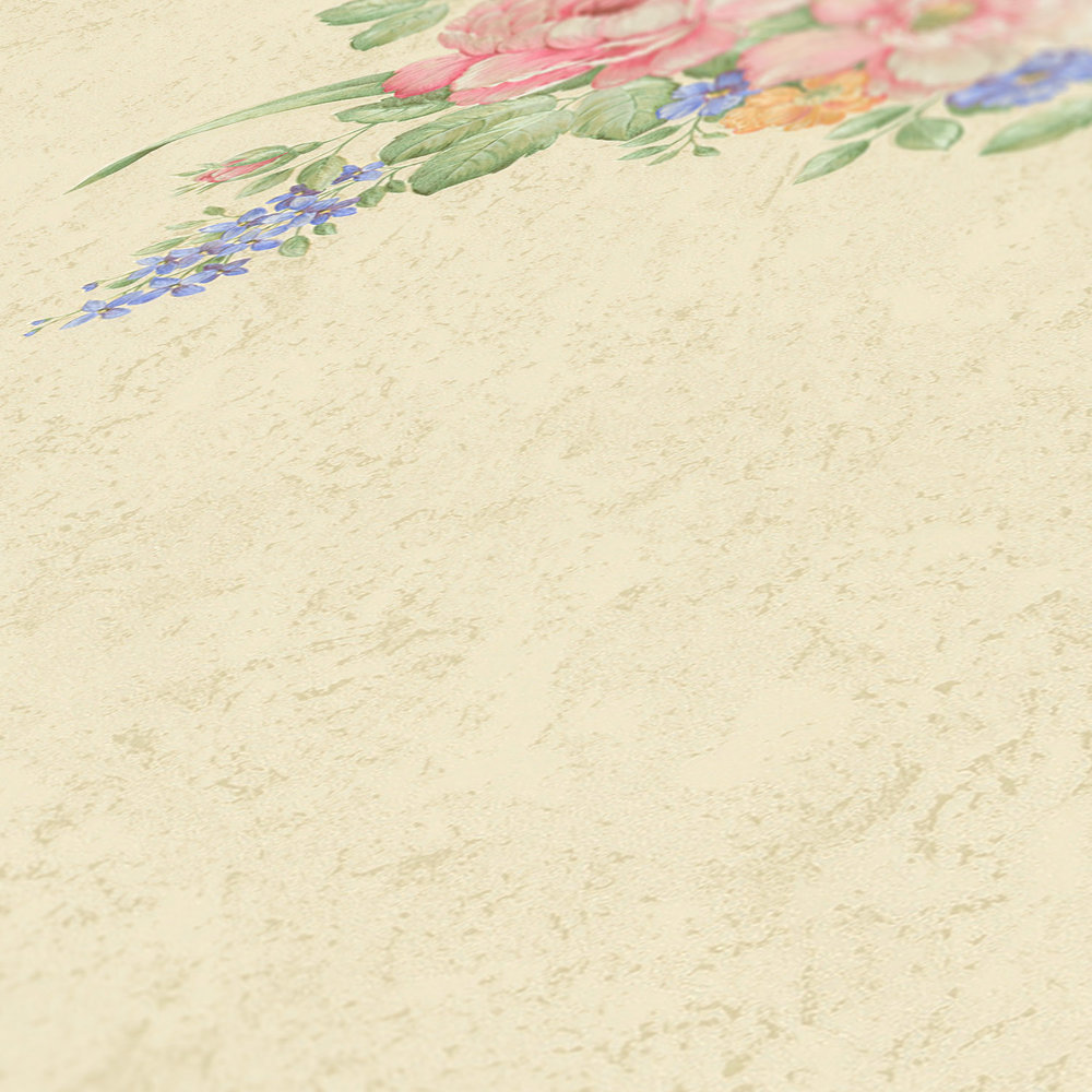             Papel pintado no tejido con adornos florales y textura - crema, verde, rosa
        