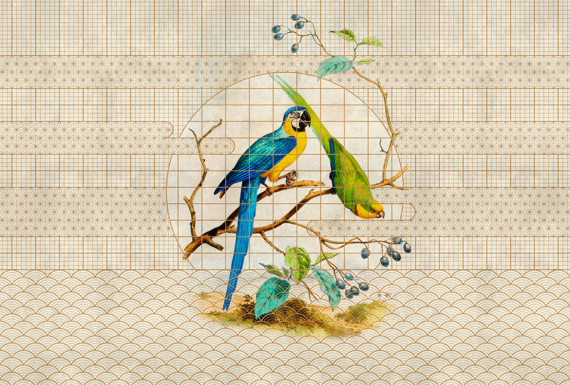             Aviary 3 - Carta da parati con motivi dorati e pappagalli in stile vintage
        
