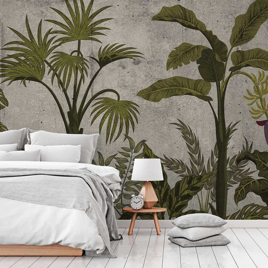 Mural de pared con paisaje tropical sobre aspecto de hormigón - verde, gris
