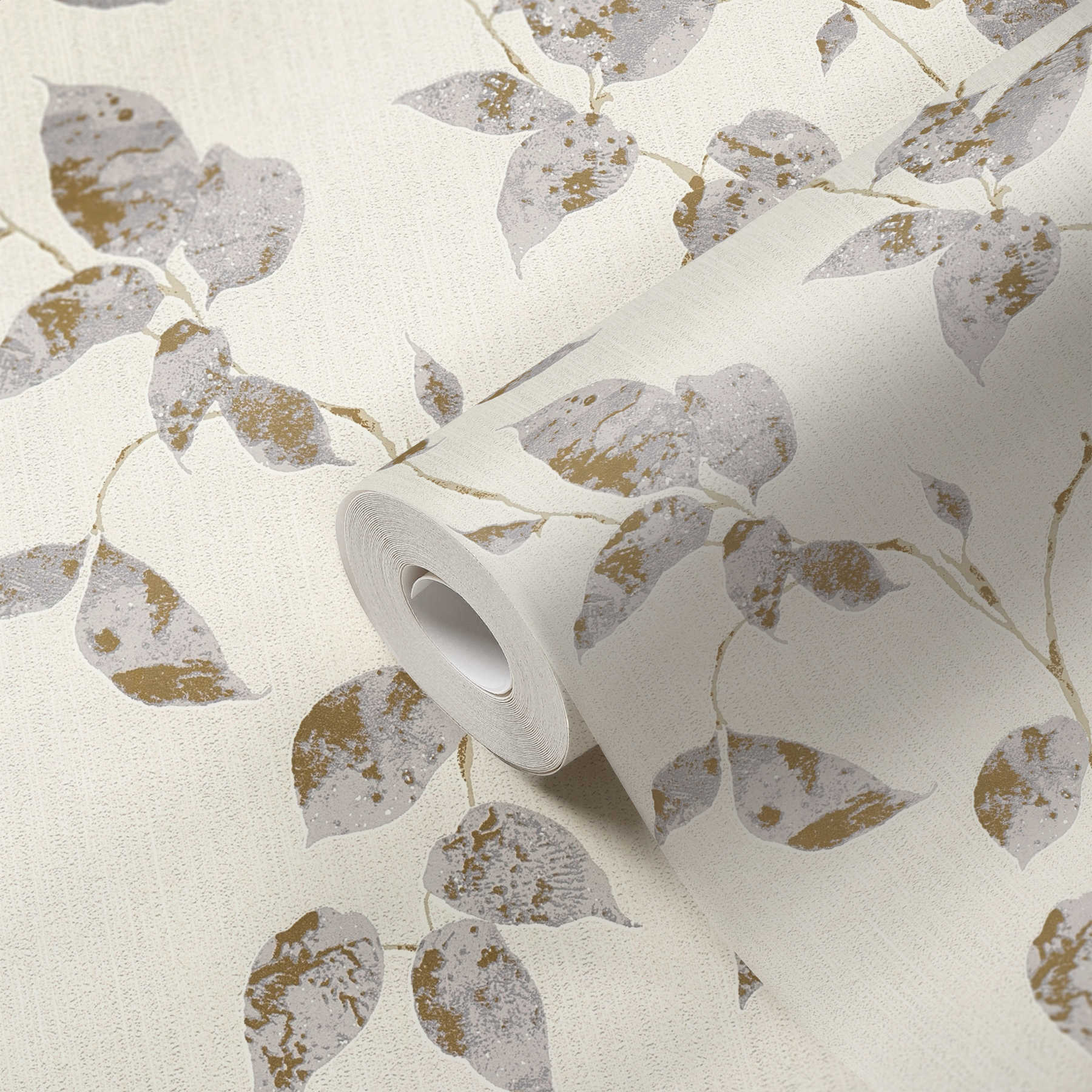             Papier peint texturé avec rinceaux de feuilles & accent métallique - gris, blanc
        