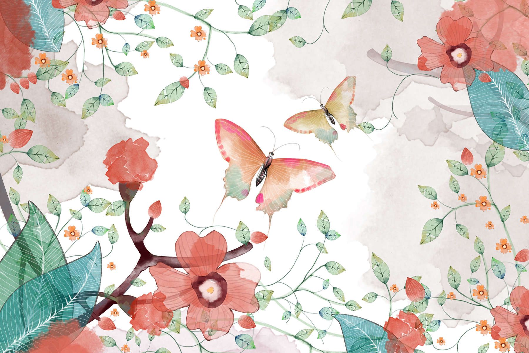             Digital behang bloemen met bladeren en vlinders - Glad & mat vlies
        