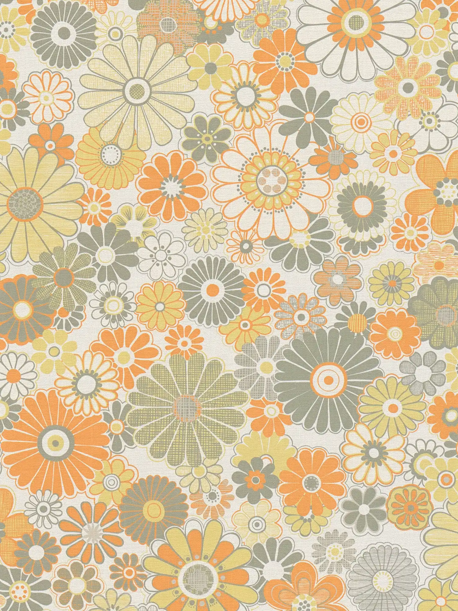 Lightly textured retro style floral wallpaper - orange, green, white
