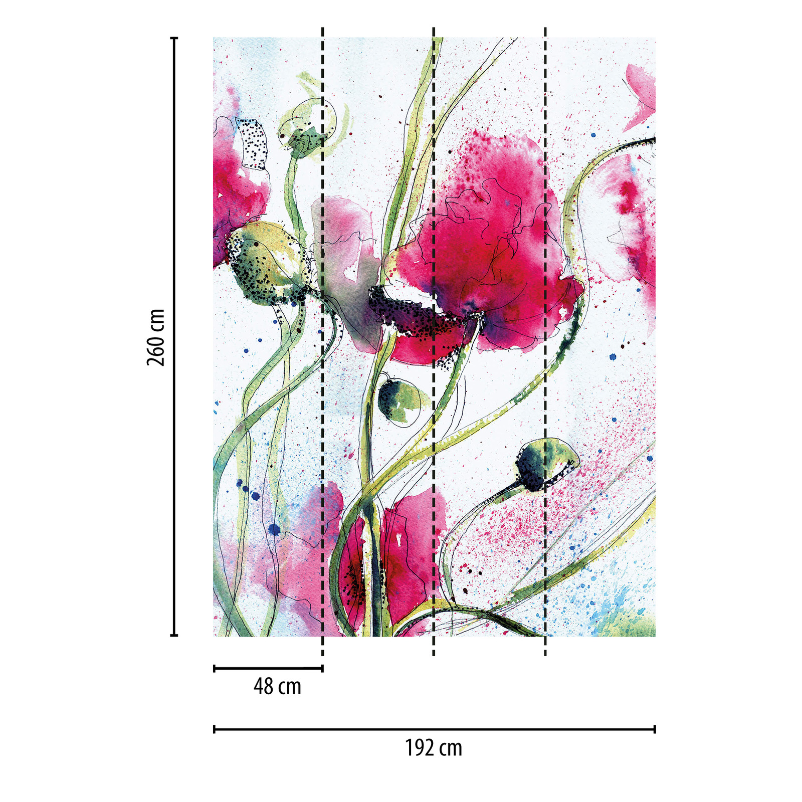             Papier peint panoramique fleurs dessinées étroites - multicolore
        