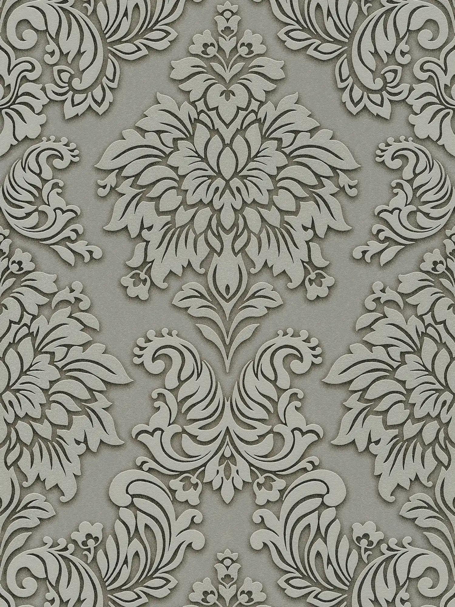 Baroque wallpaper ornaments with glitter effect - grey, silver, beige
