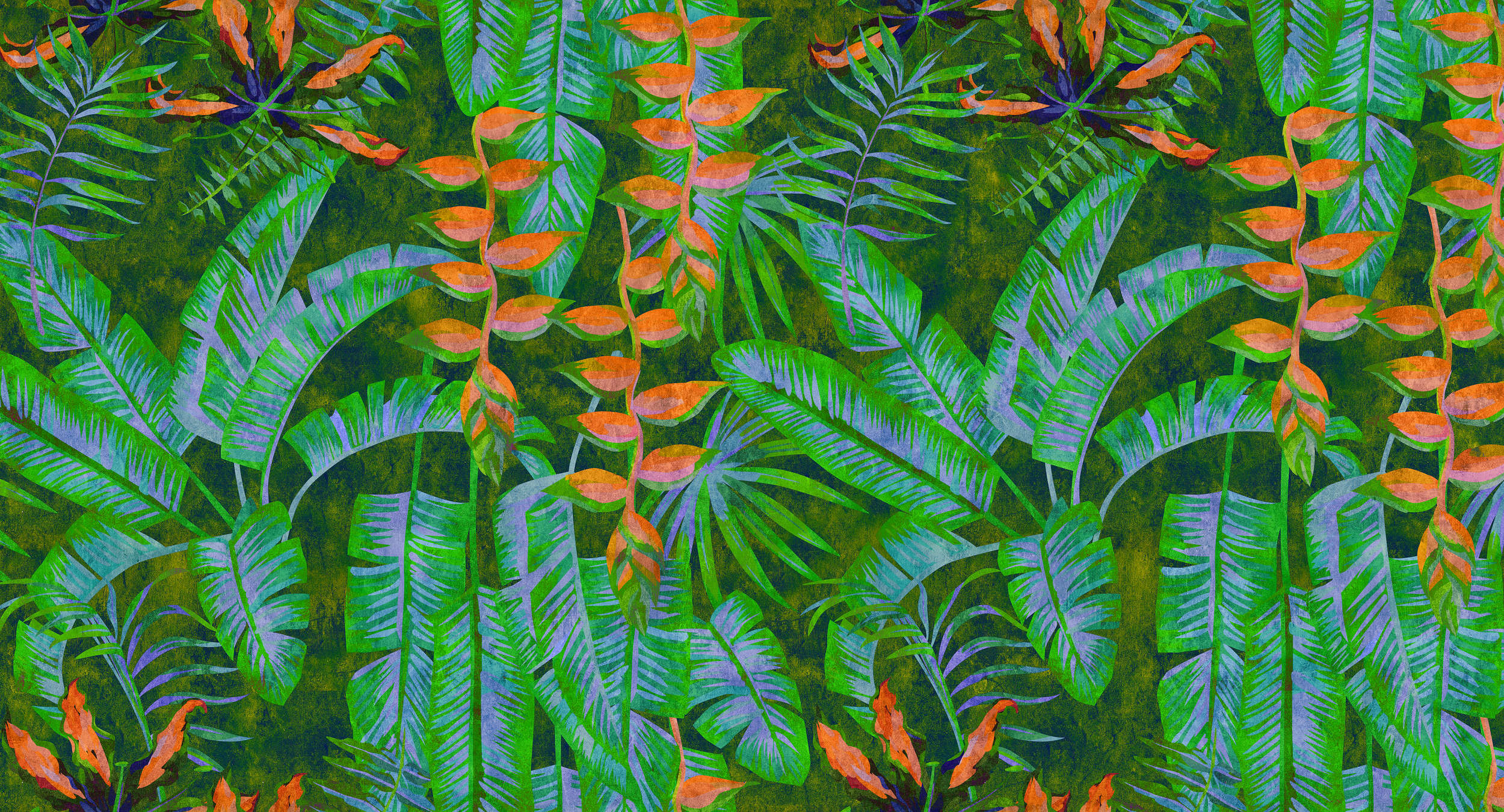             Tropicana 4 - Papel pintado selva de colores vivos - estructura de papel secante - Verde, Naranja | Vellón liso Premium
        