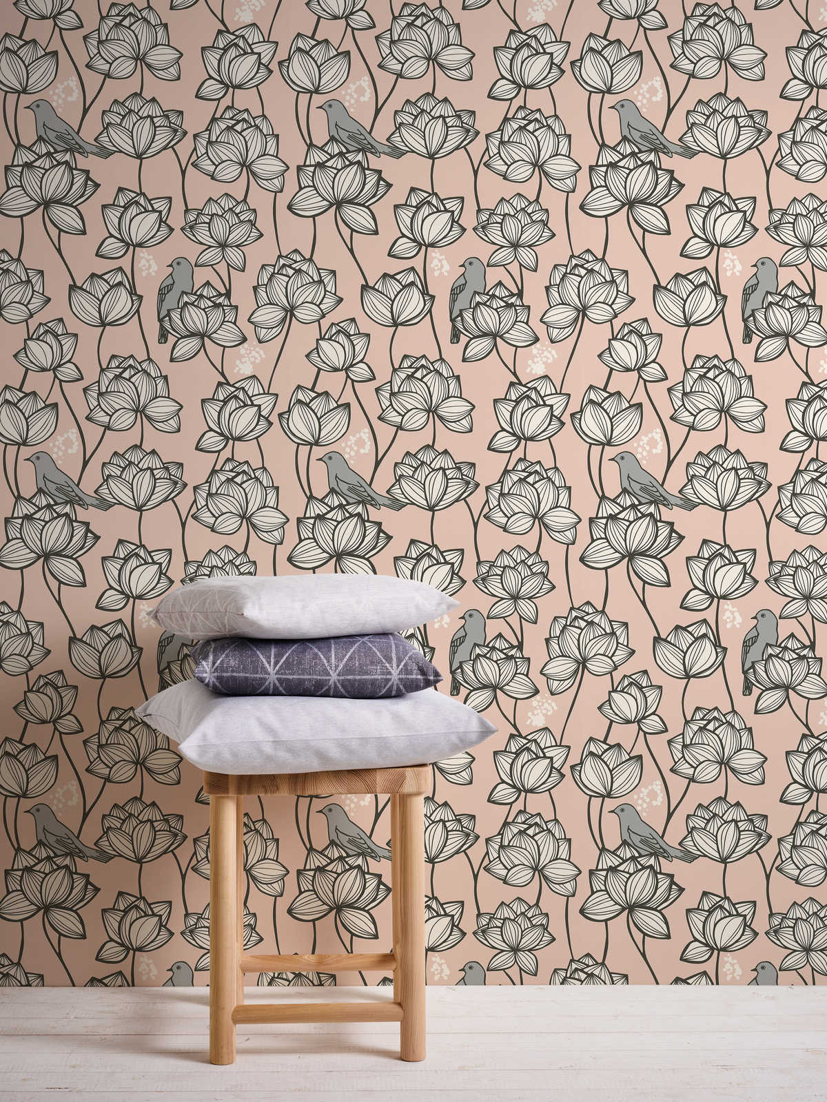             Non-woven wallpaper flowers vines with birds in line art style - grey, pink
        