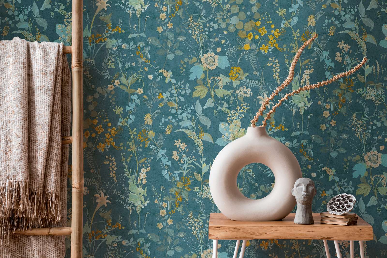             Floral wallpaper petrol with floral pattern - green, yellow
        