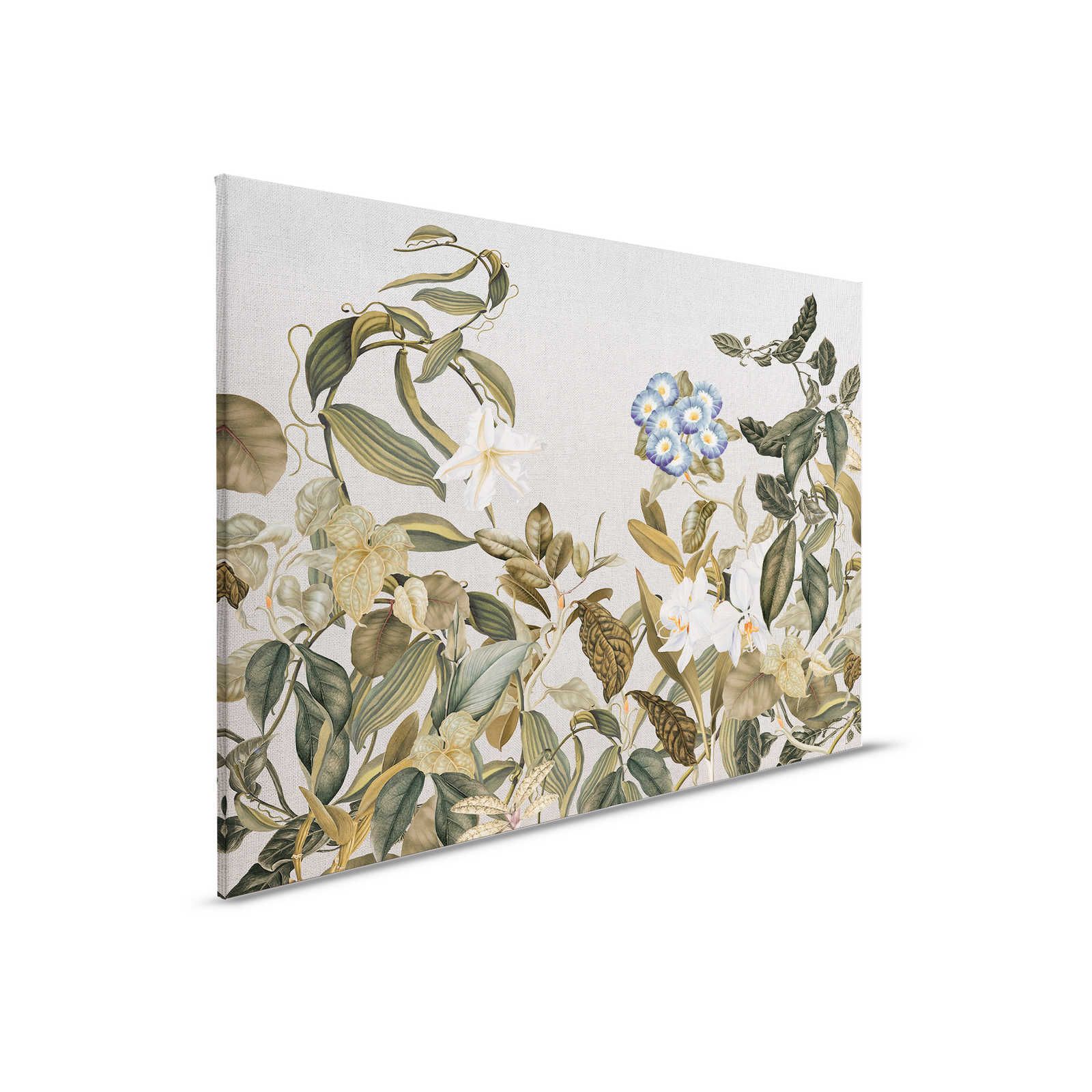 Quadro su tela in stile botanico Fiori, foglie e aspetto tessile - 0,90 m x 0,60 m
