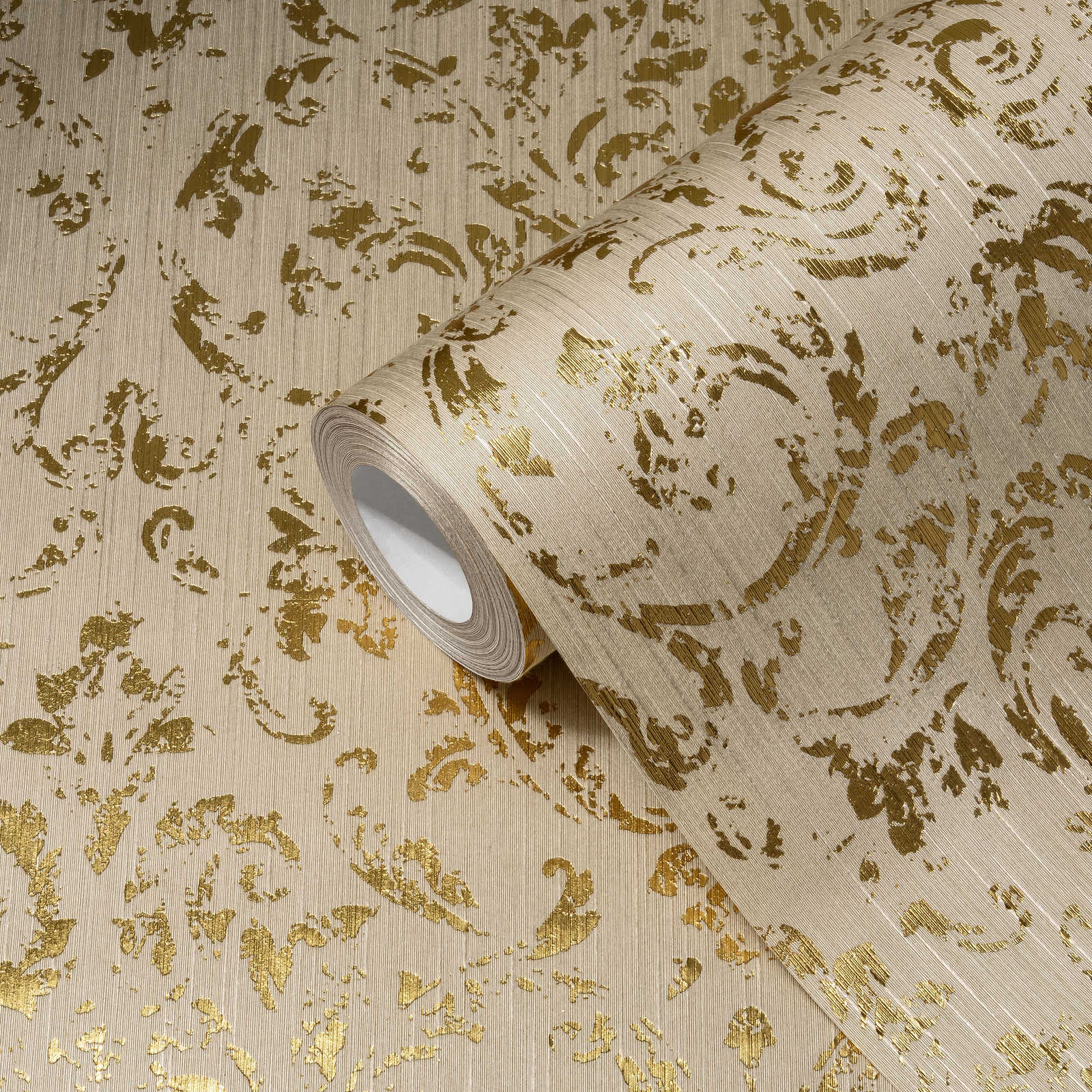             Ornament wallpaper in used look with metallic effect - beige, gold
        