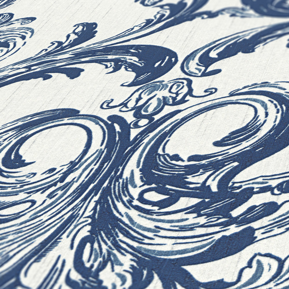             Papier peint ornemental avec motif grimpant - bleu, blanc
        