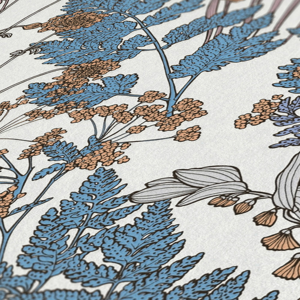             Carta da parati naturale foglie e fiori in stile country moderno - blu, crema, beige
        