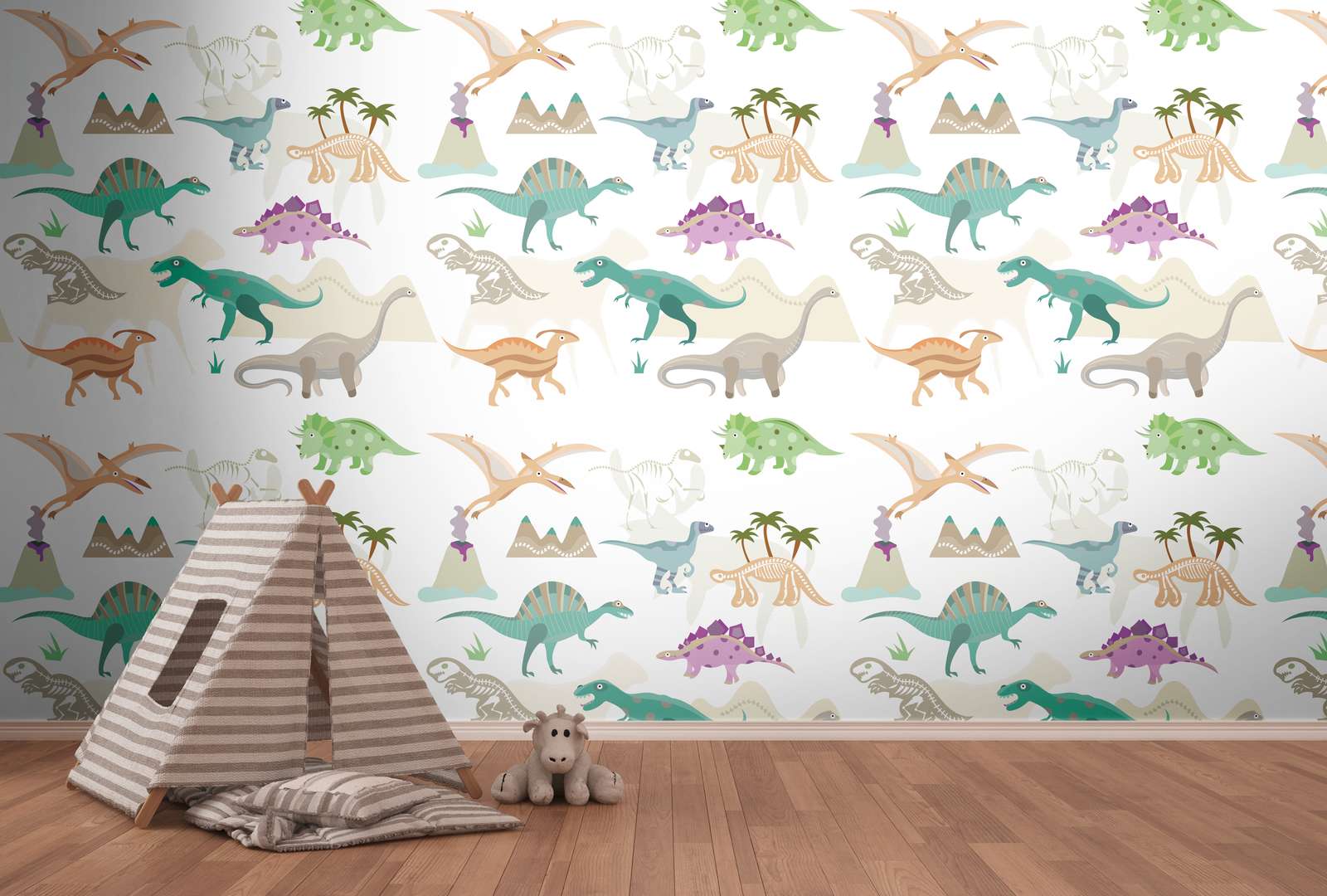             Children's motif wallpaper with dinosaurs and volcanoes - colourful, cream, beige
        