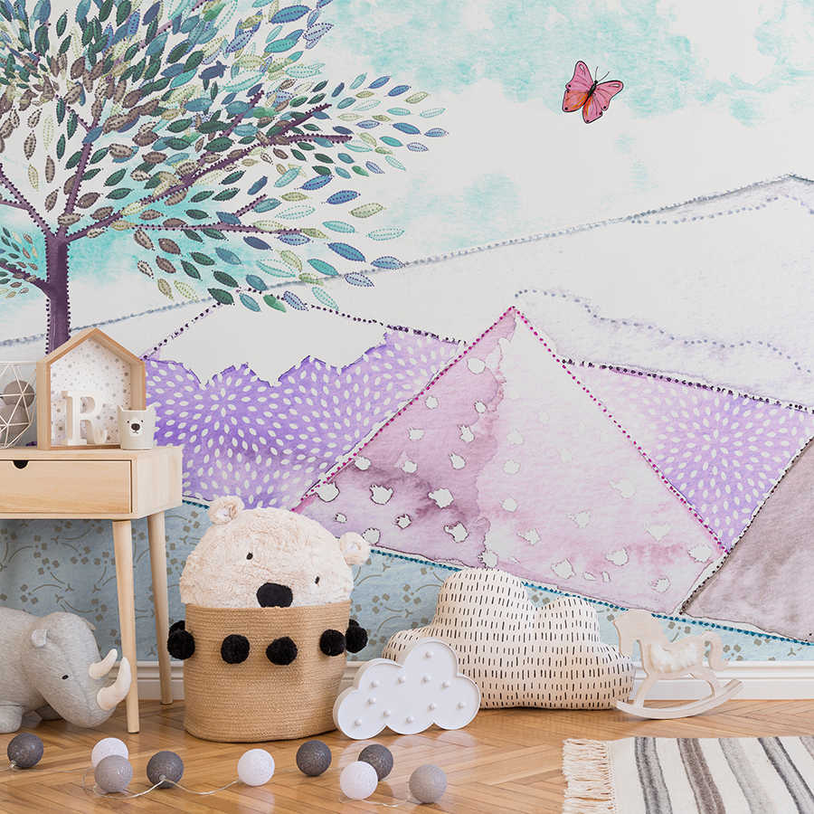 Papel pintado infantil Dibujo de paisaje de montaña en nácar liso
