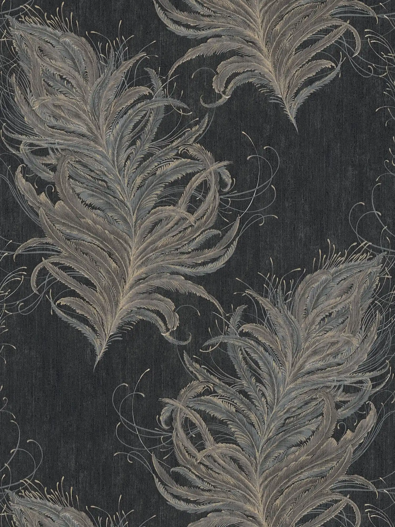 Black non-woven wallpaper with feathers in metallic colours

