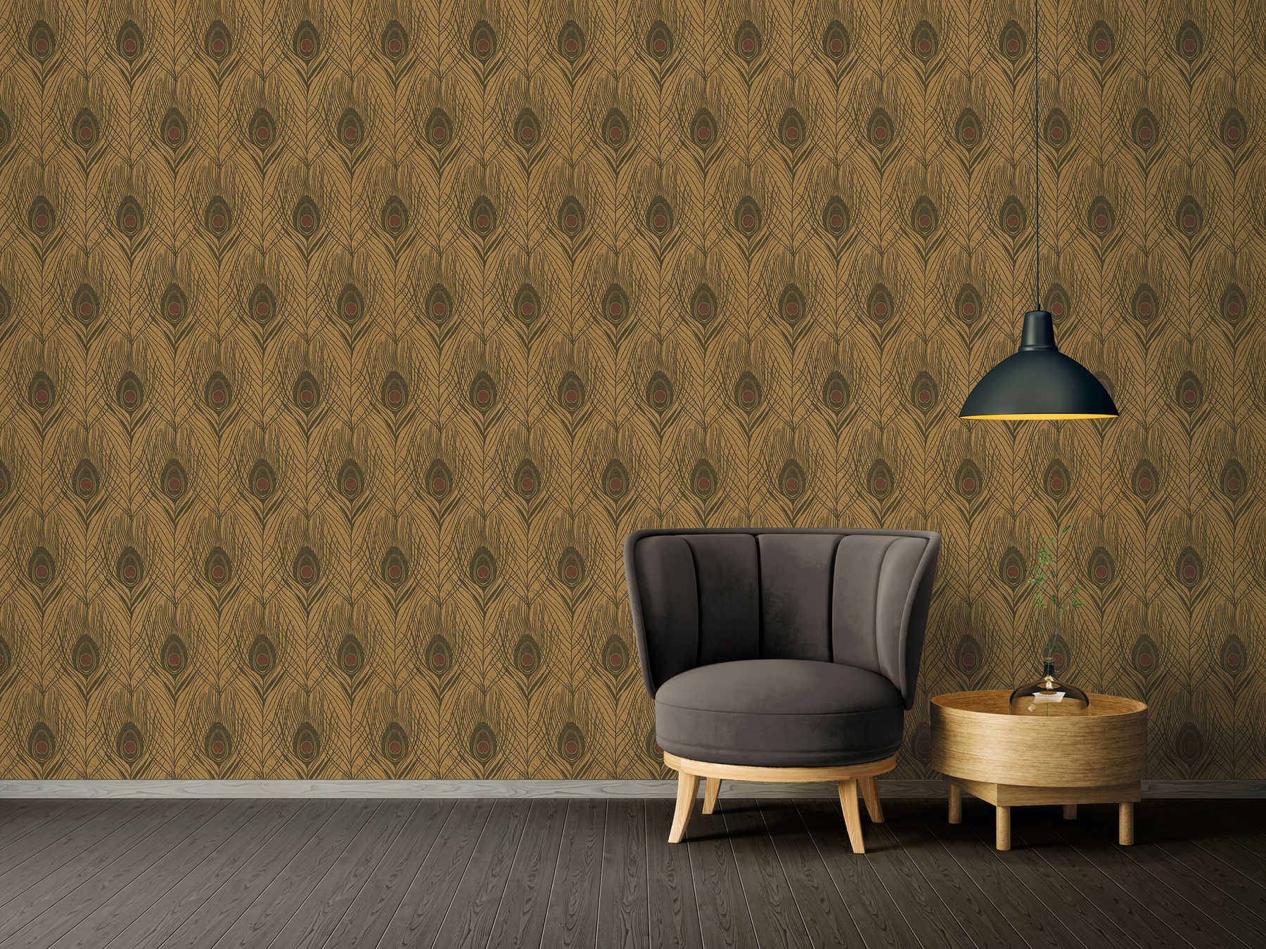             Golden non-woven wallpaper with peacock feathers - black, gold, brown
        