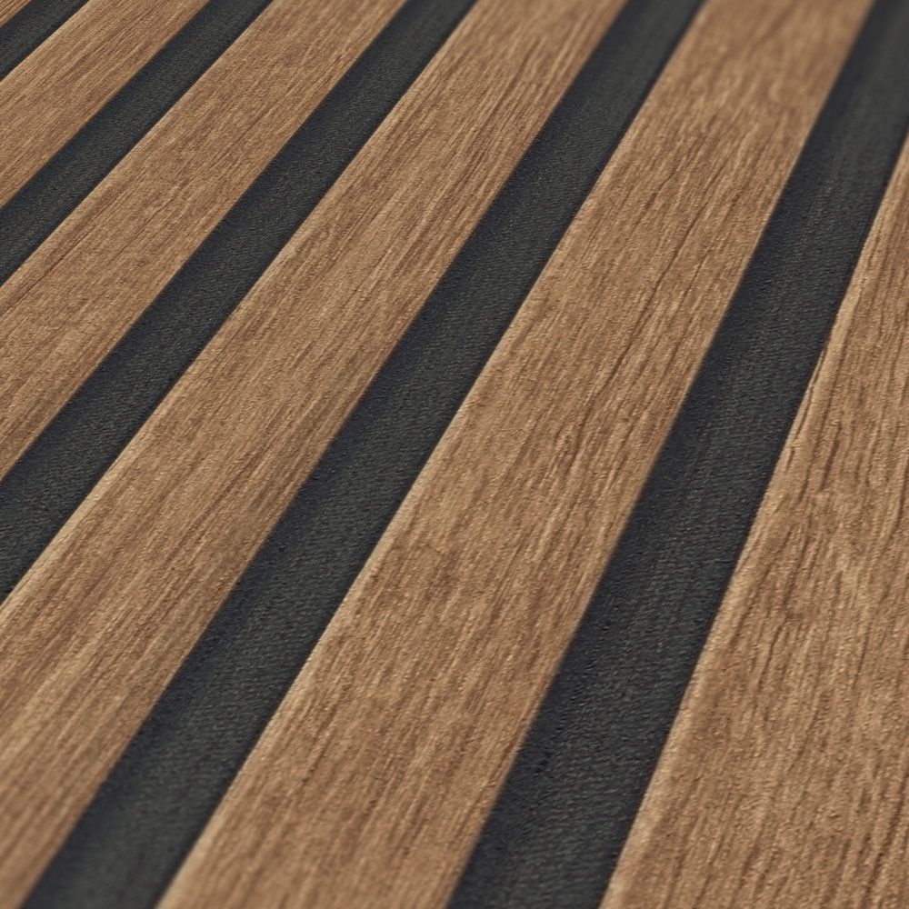             Akoestische panelen vliesbehang realistische houtlook - Bruin, Zwart
        