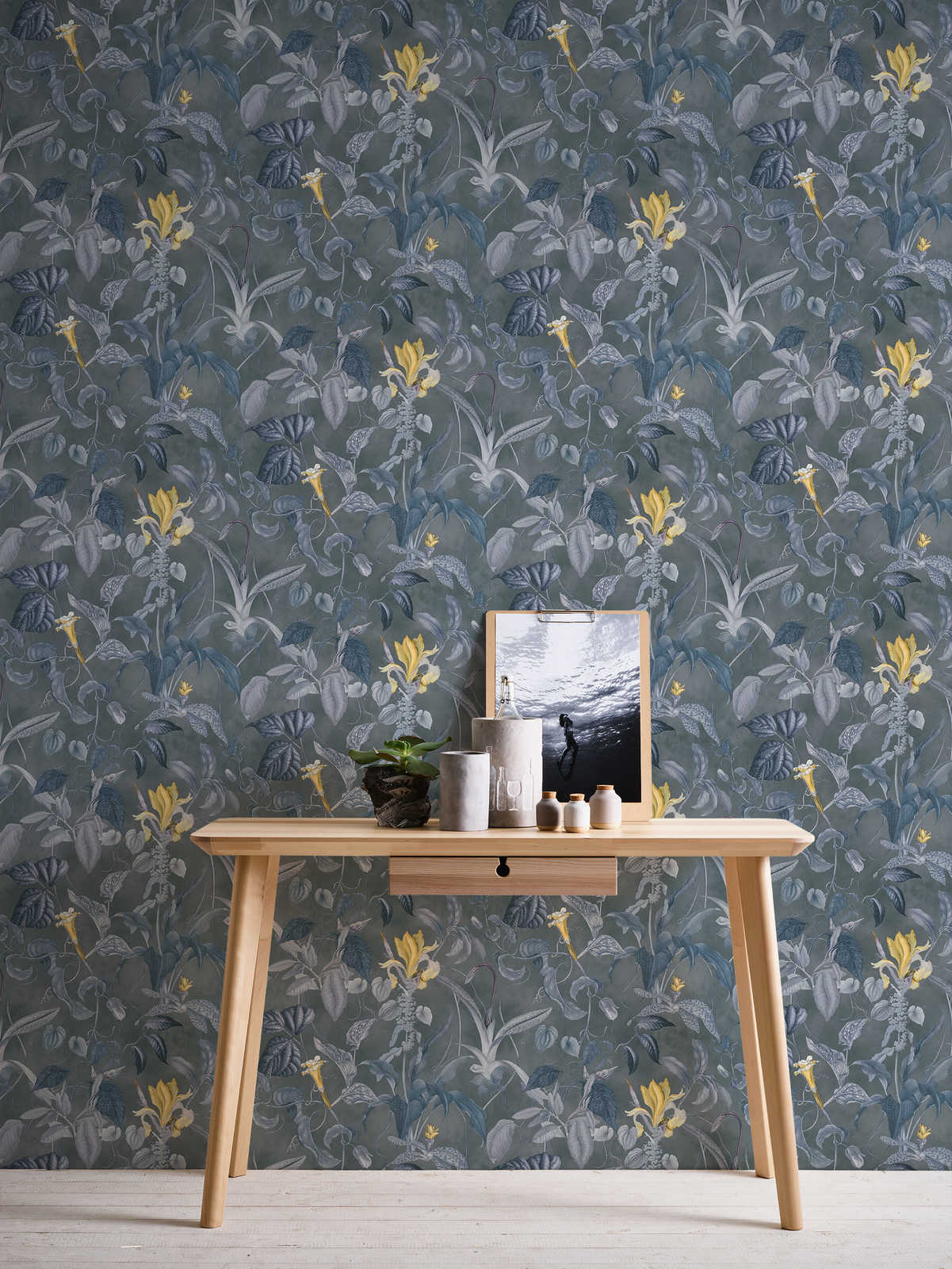             Tropical floral wallpaper grey-blue, Design by MICHALSKY
        