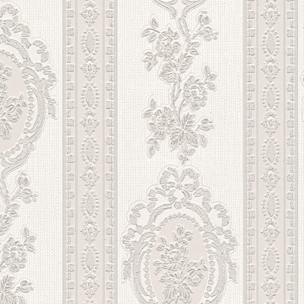             Ornamental wallpaper floral elements, stripes and flowers - grey, white, silver
        