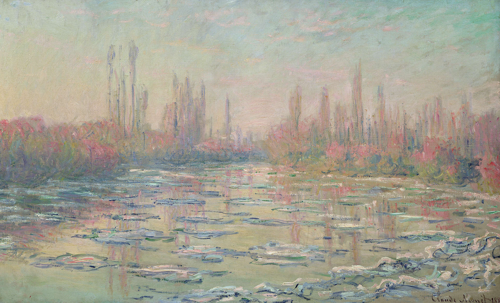             Muurschildering "De dooi op de Seine bij Vetheuil" van Claude Monet
        