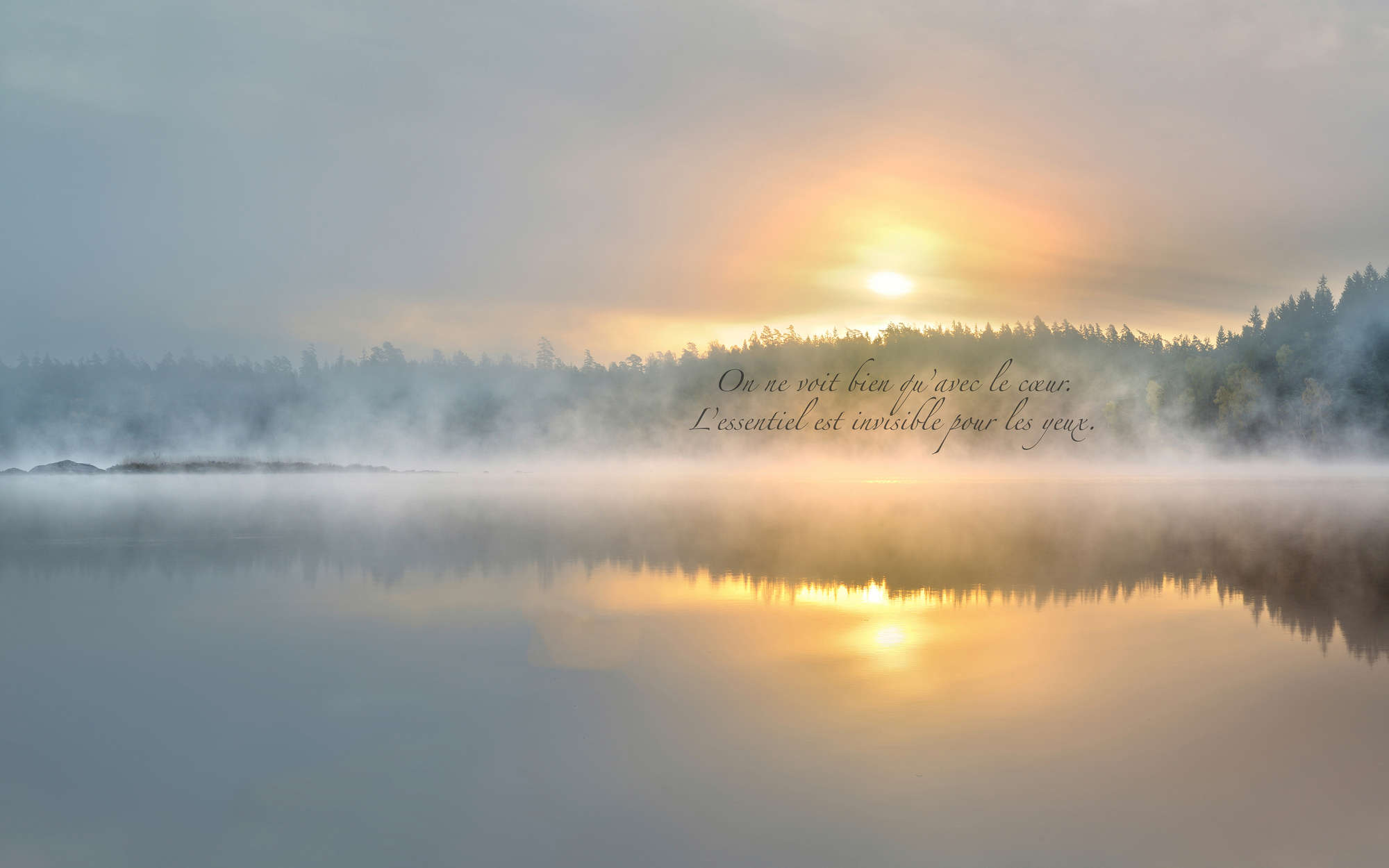             Photo wallpaper foggy lake with lettering - Matt smooth fleece
        