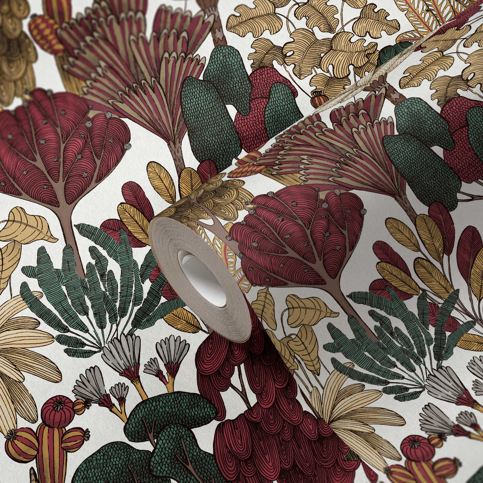             Modern behang bloemen met bomen in tekenstijl - rood, beige, bruin
        