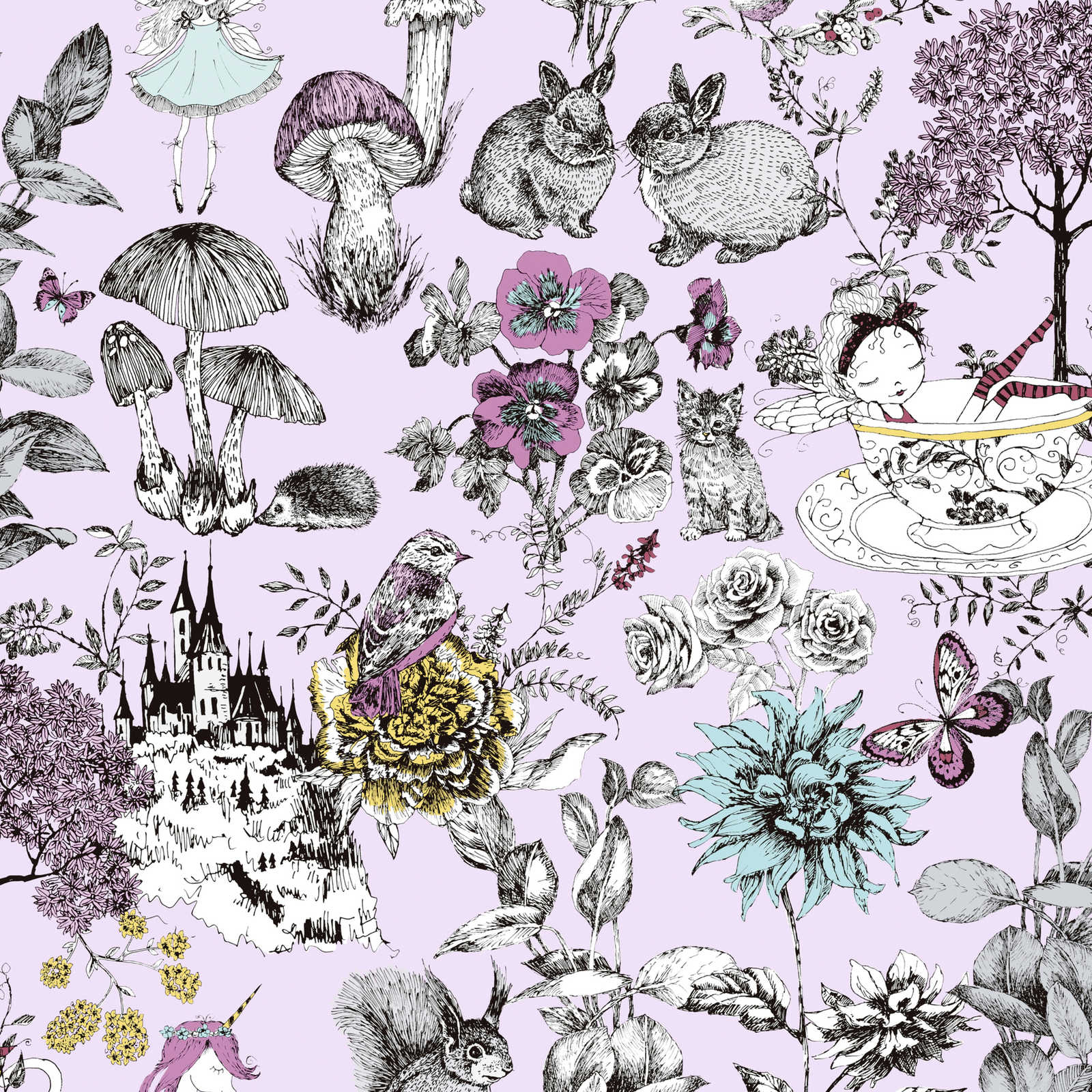 Papier peint forêt chambre enfants fées & animaux - rose, noir, blanc
