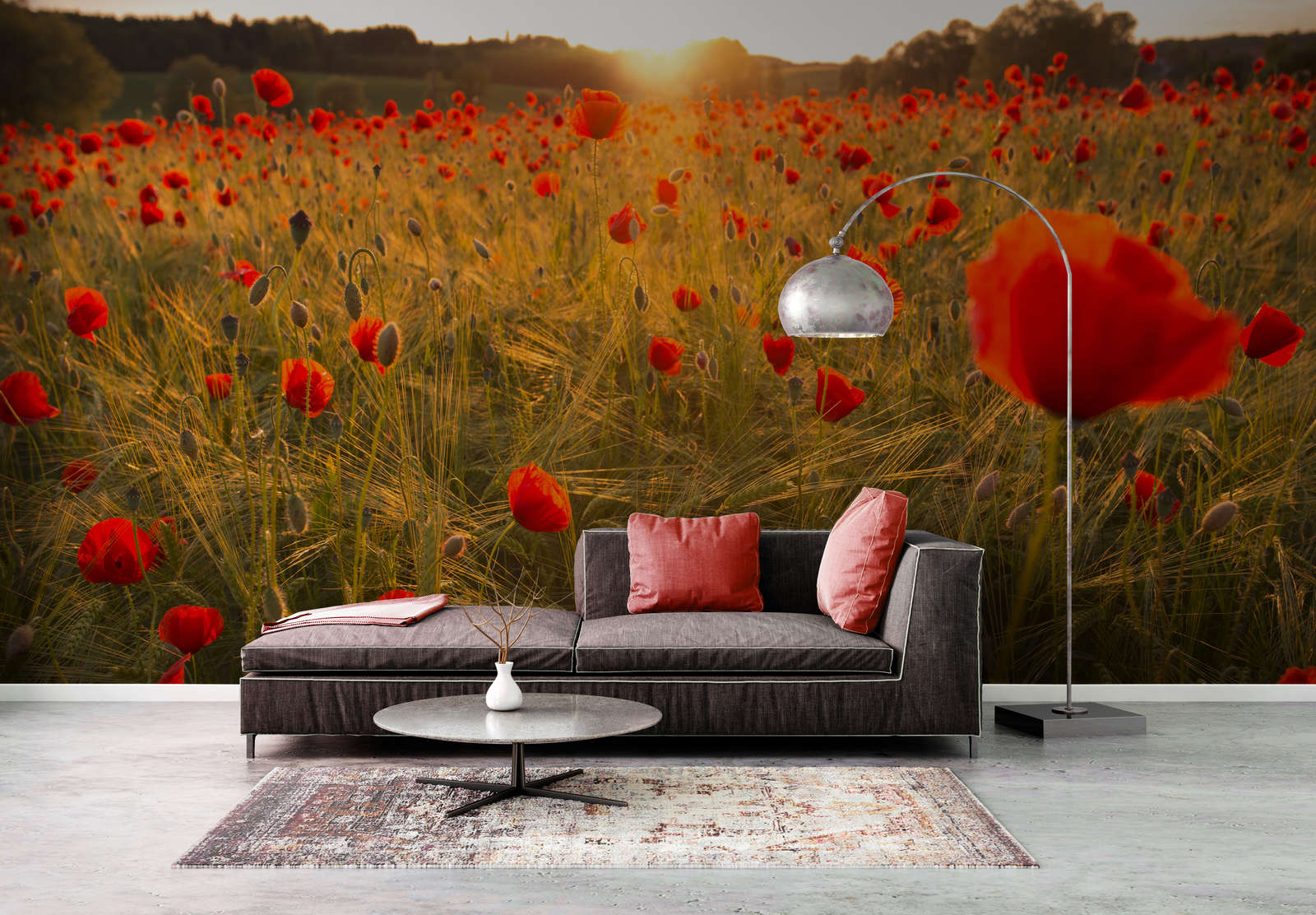             Plants mural red flower meadow on mother of pearl smooth fleece
        