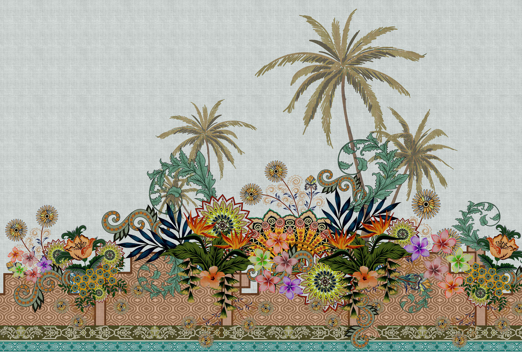             Oriental Garden 3 - Muurschildering Bloemen Tuin India Stijl
        