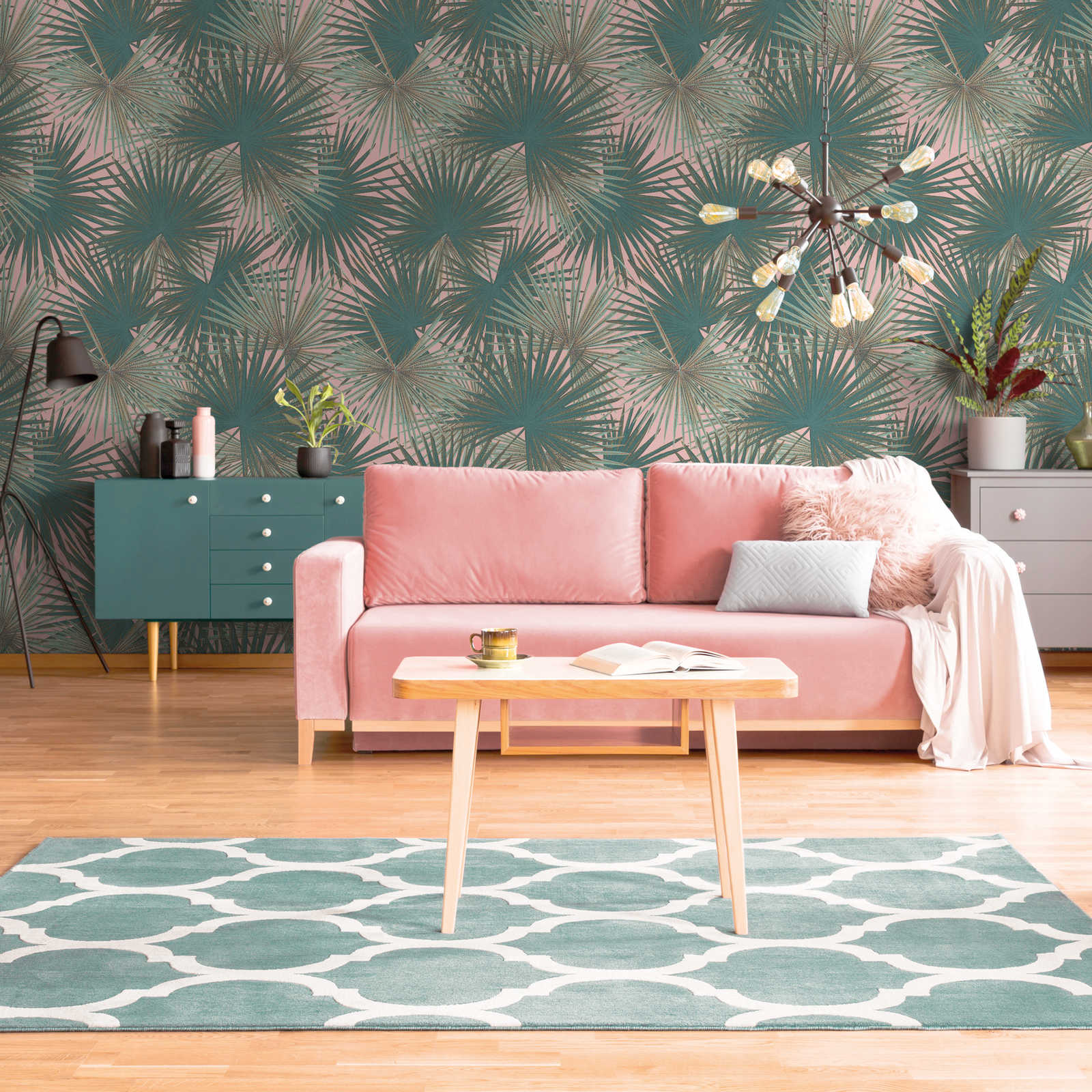 Leaf wallpaper with tropical plants - green, petrol, pink
