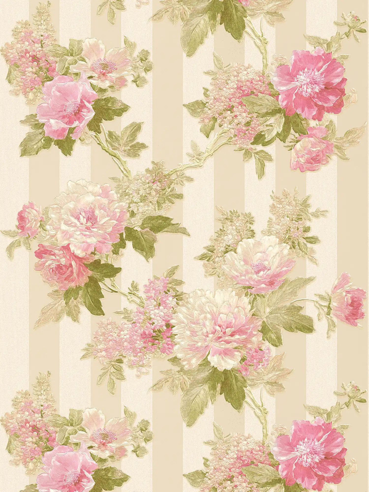 Papier peint motif fleurs et rayures - rose, vert, crème
