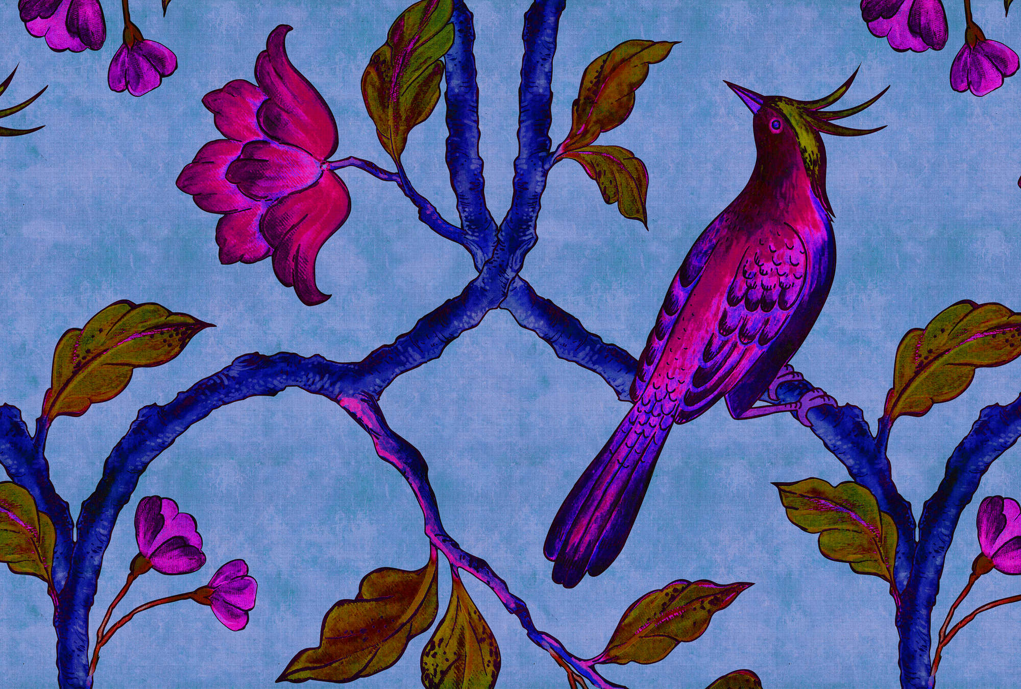             Bird Of Paradis 1 - Papel pintado con impresión digital en estructura de lino natural con ave del paraíso - Azul, Violeta | Tela no tejida lisa mate
        