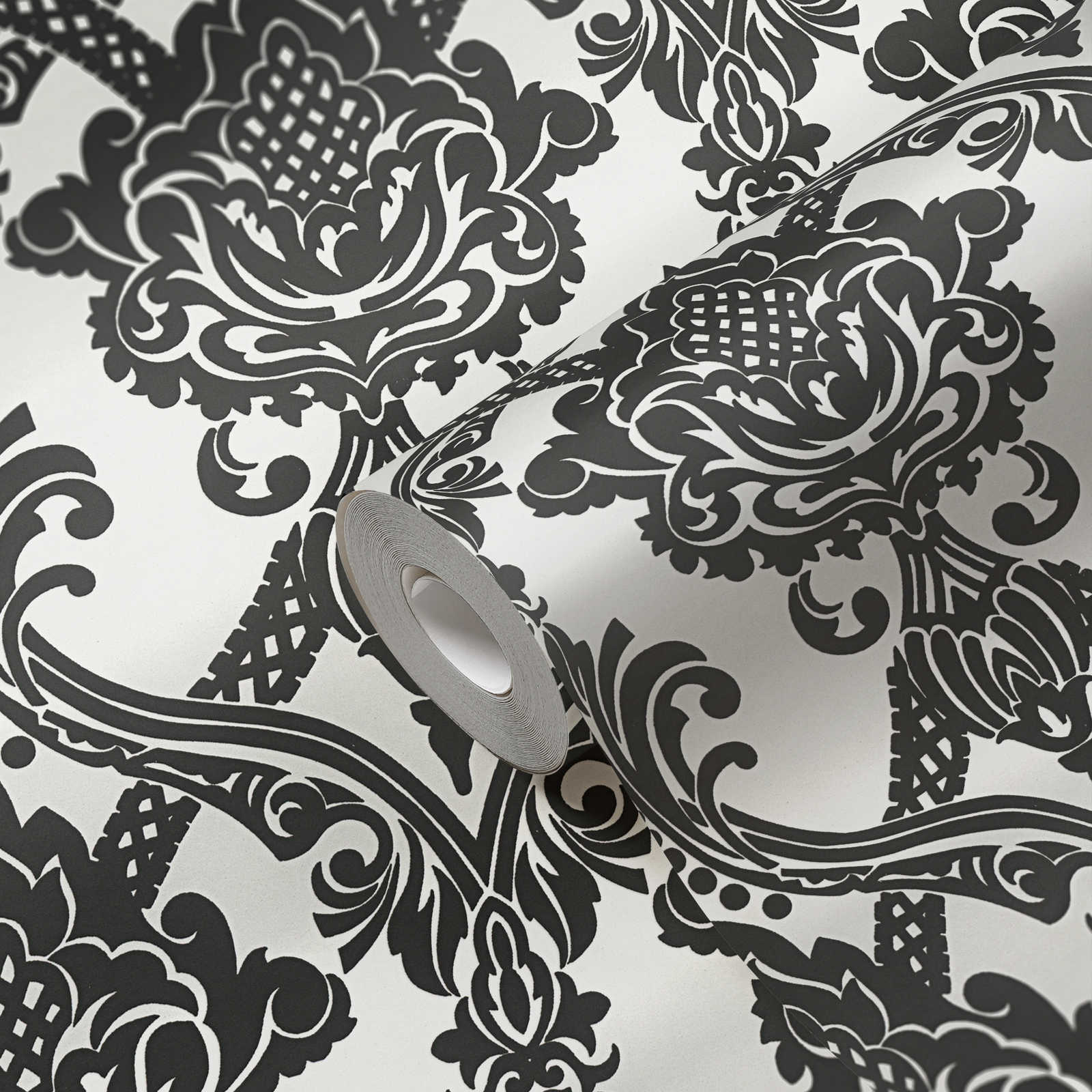             Metallic wallpaper baroque ornamental pattern in black and white
        