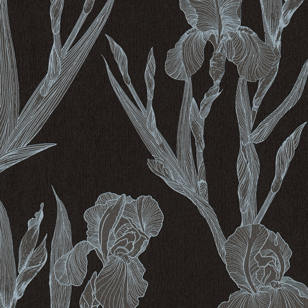             Papier peint fleuri moderne stylisé, rinceaux de fleurs - noir, gris, blanc
        
