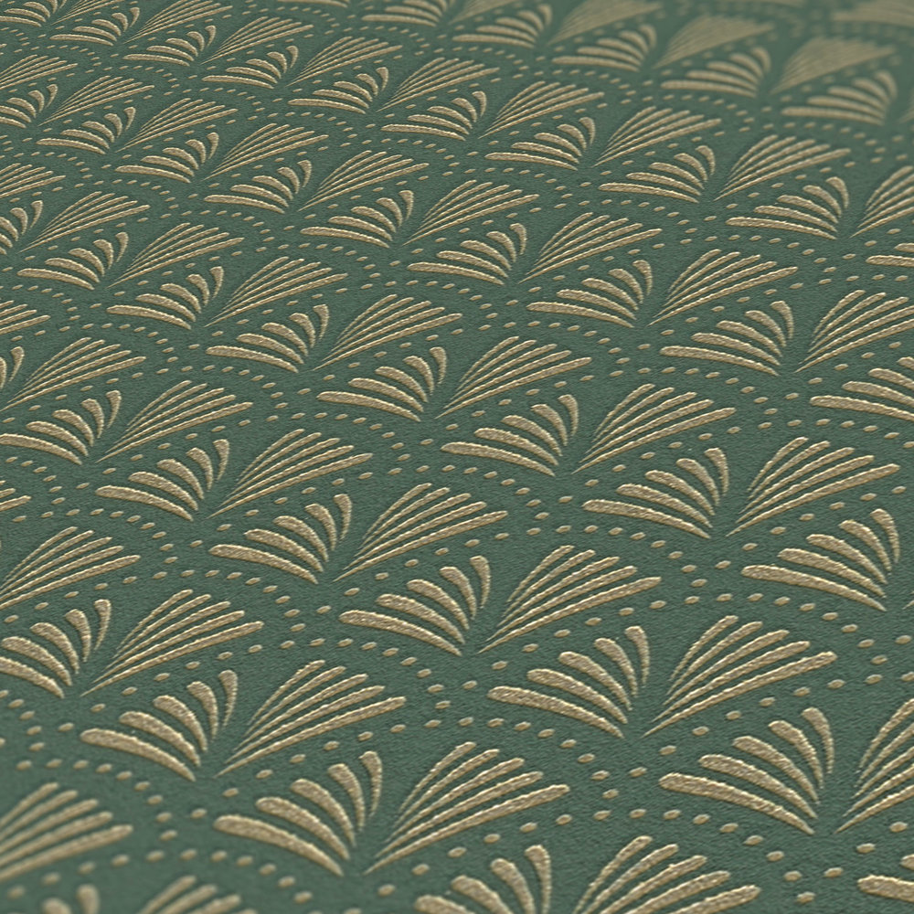             Behang groen & goud met Art Deco patroon en metallic effect
        