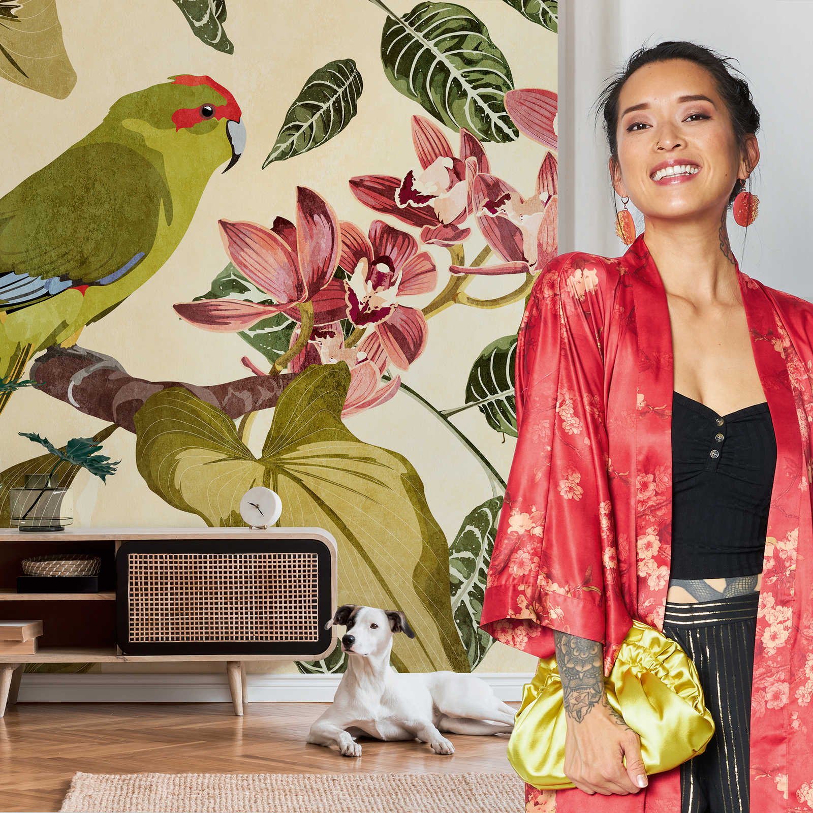 behang nieuwigheid - motief behang papegaai & orchideeën kunstdruk
