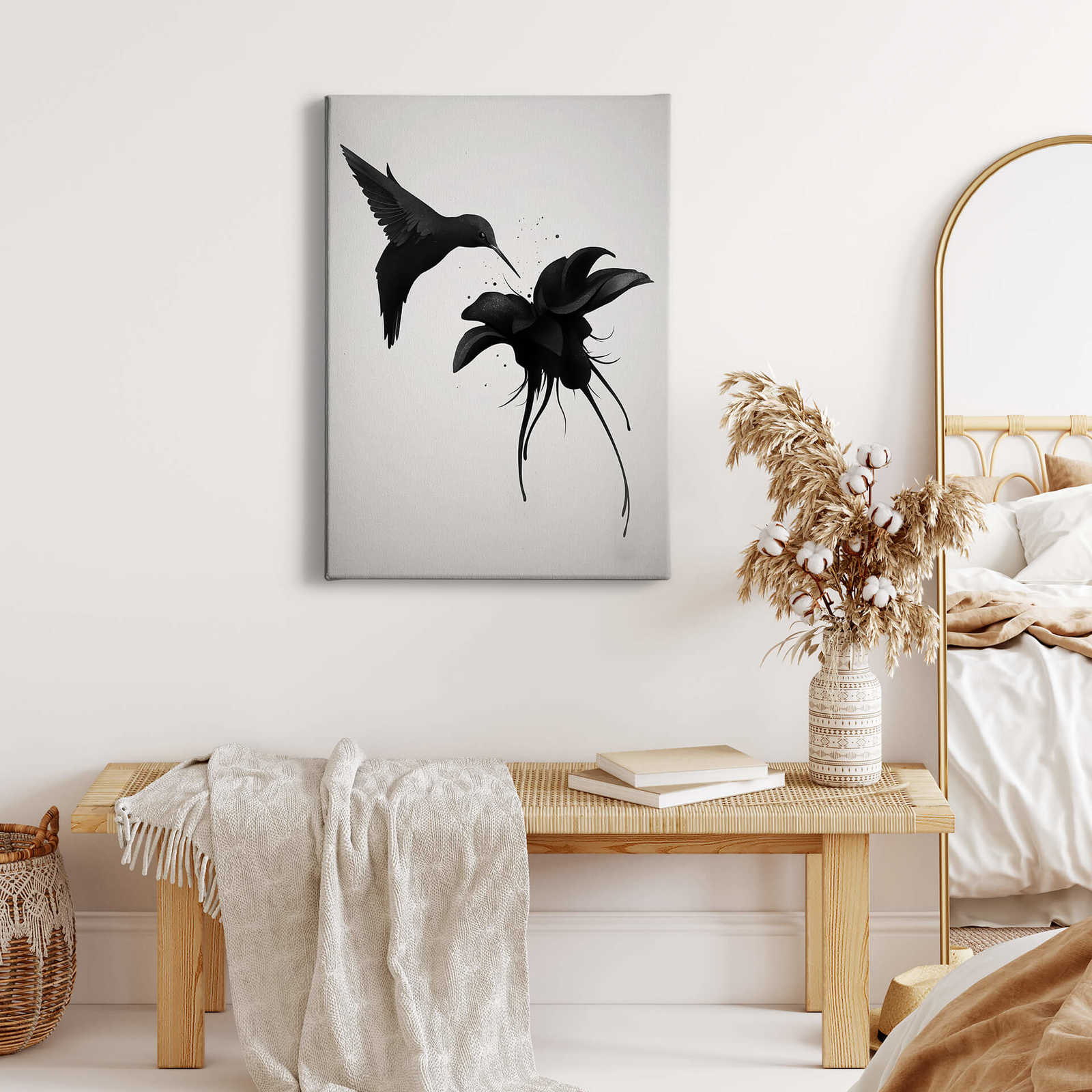             Canvas print hummingbird and flower – black, white
        