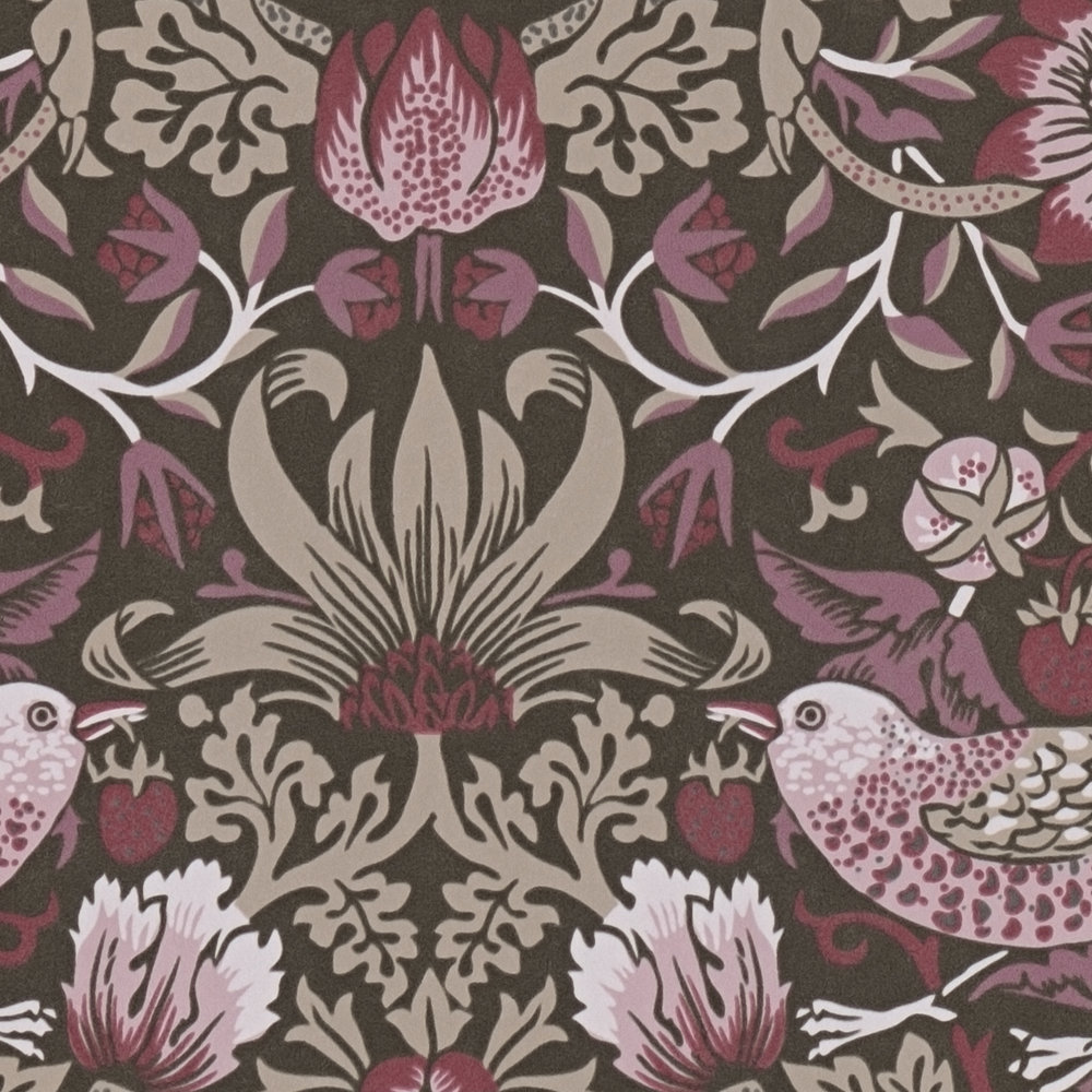             Papel pintado no tejido con motivos florales con pájaros y bayas - morado, beige, negro
        
